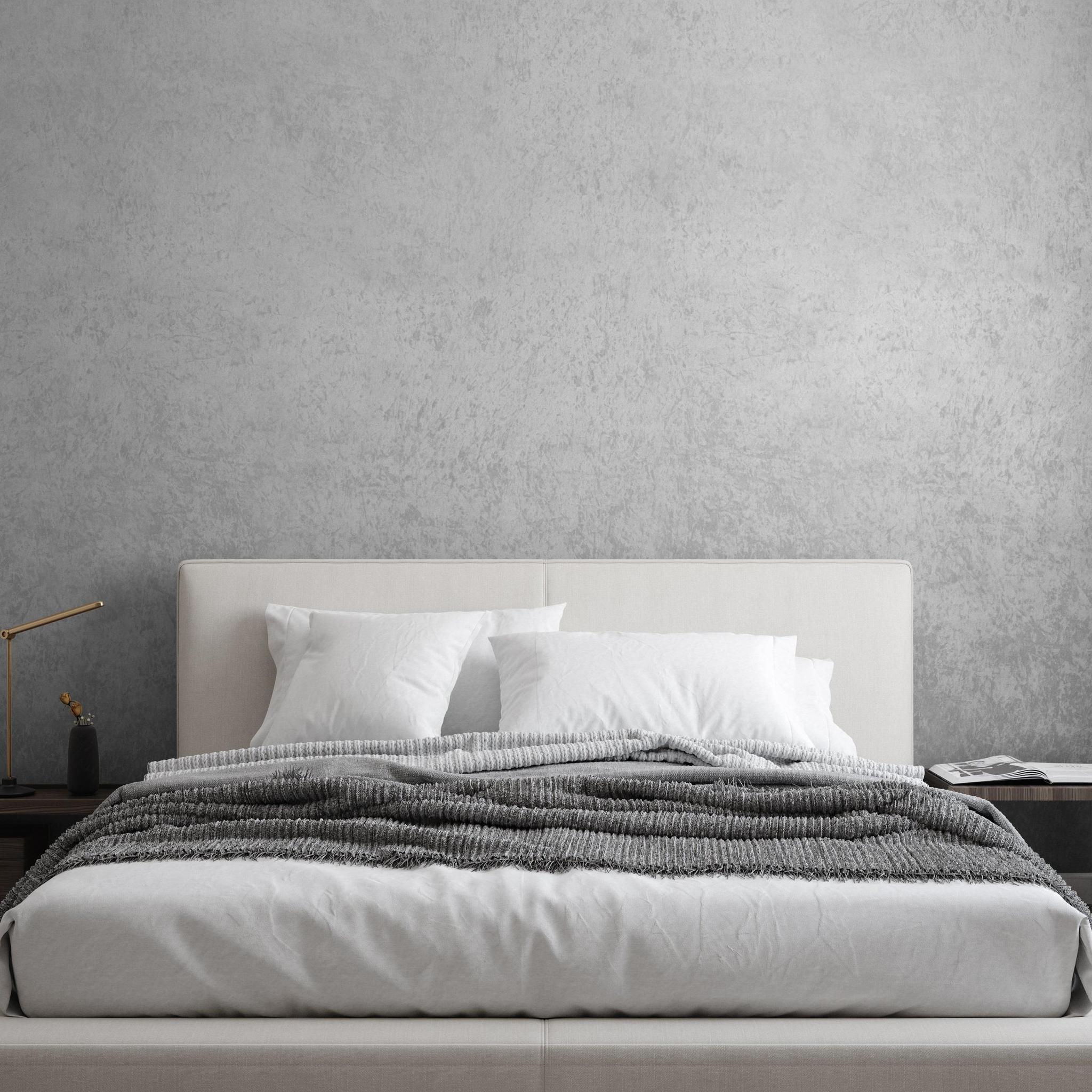 Modern bedroom featuring Silver Lining Wallpaper from The Kail Lowry Line, highlighting elegant wall design.