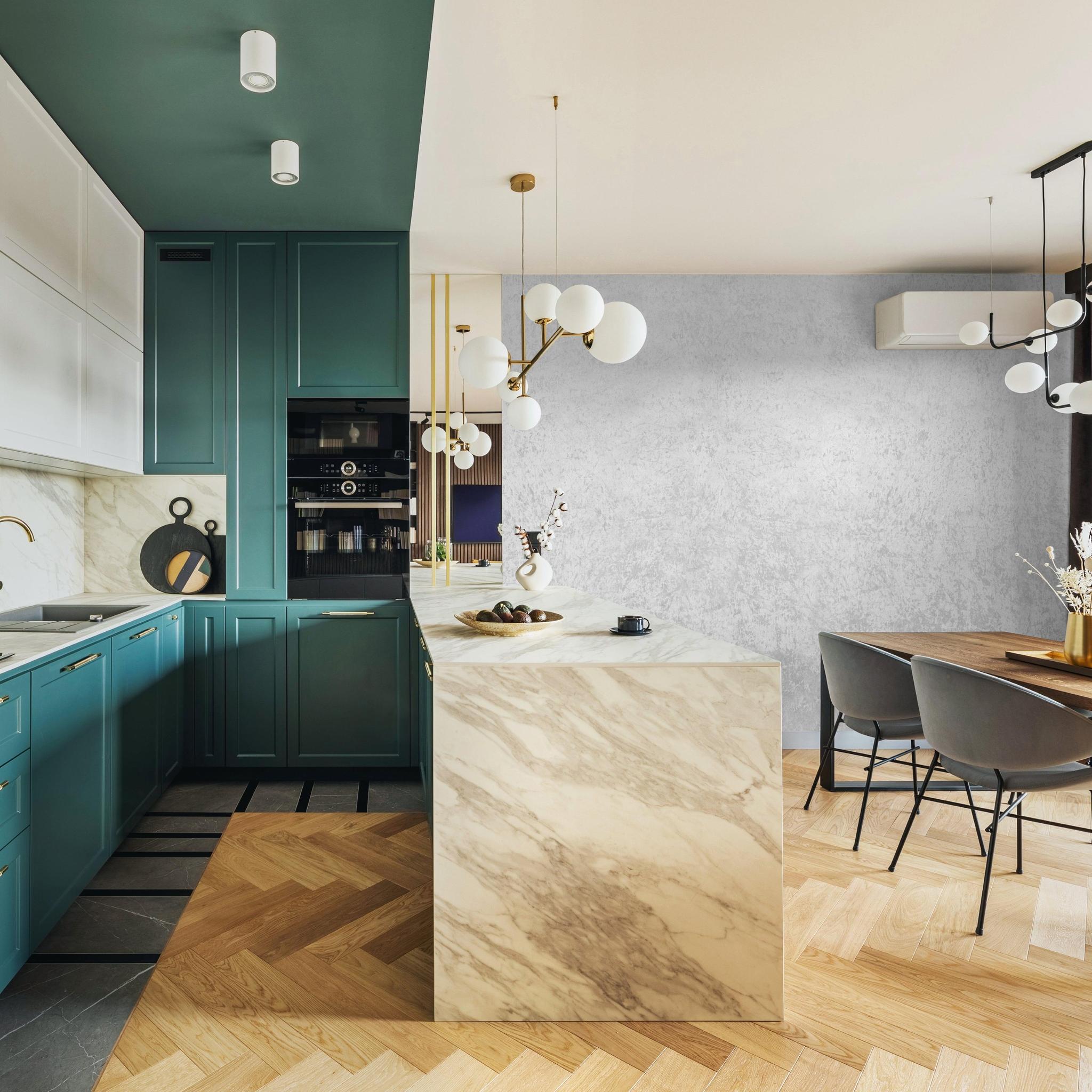 Stylish Silver Lining Wallpaper from The Kail Lowry Line in a modern kitchen and dining area with chic decor