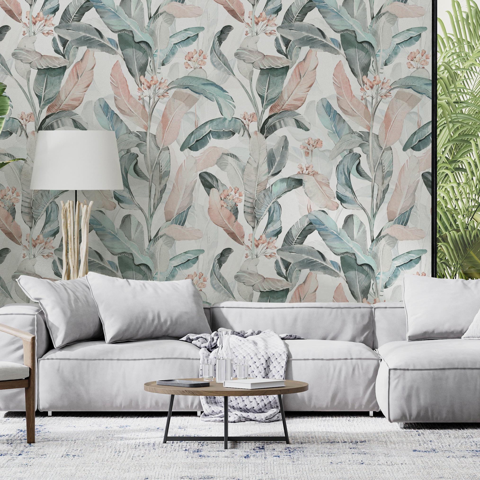 At the Copa Wallpaper by Wall Blush SG02 in a stylish living room with botanical design focus.