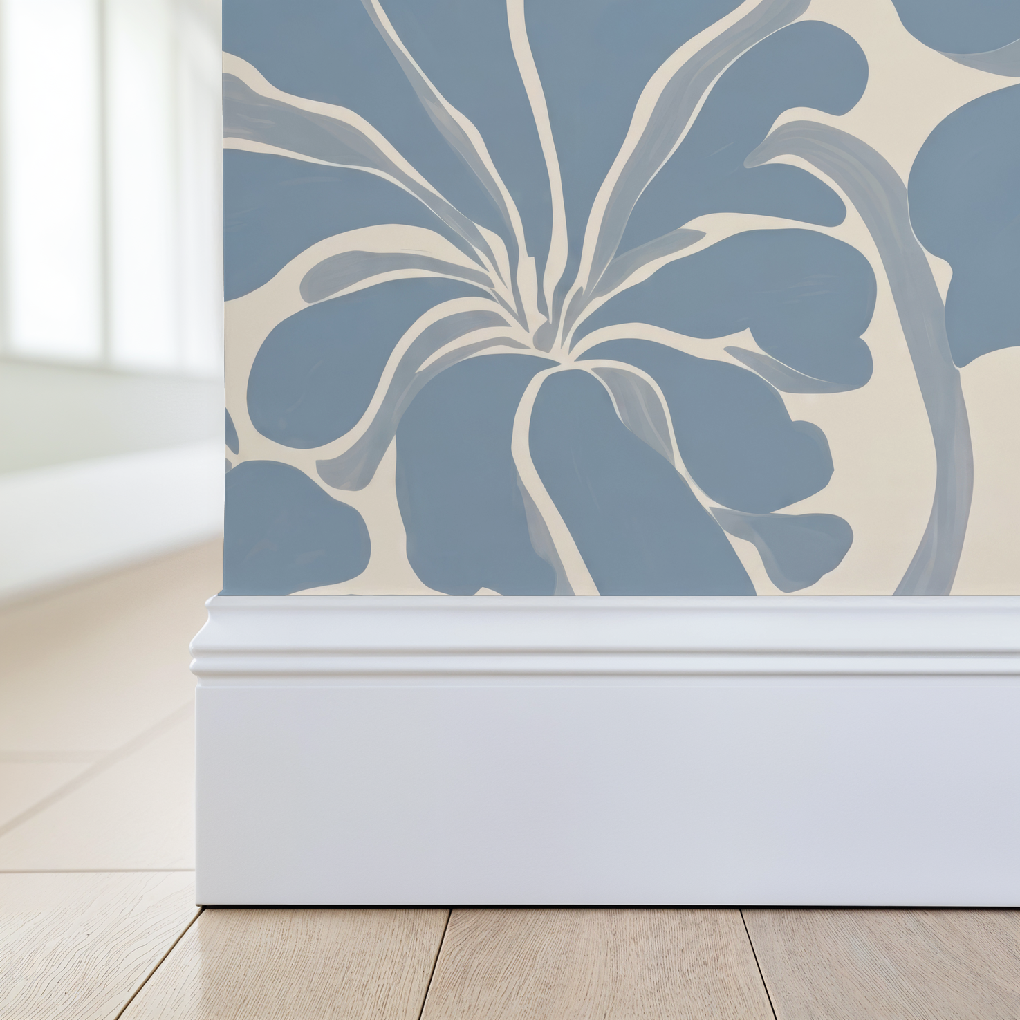 Soft blue floral wallpaper with delicate vines in a modern room setting.