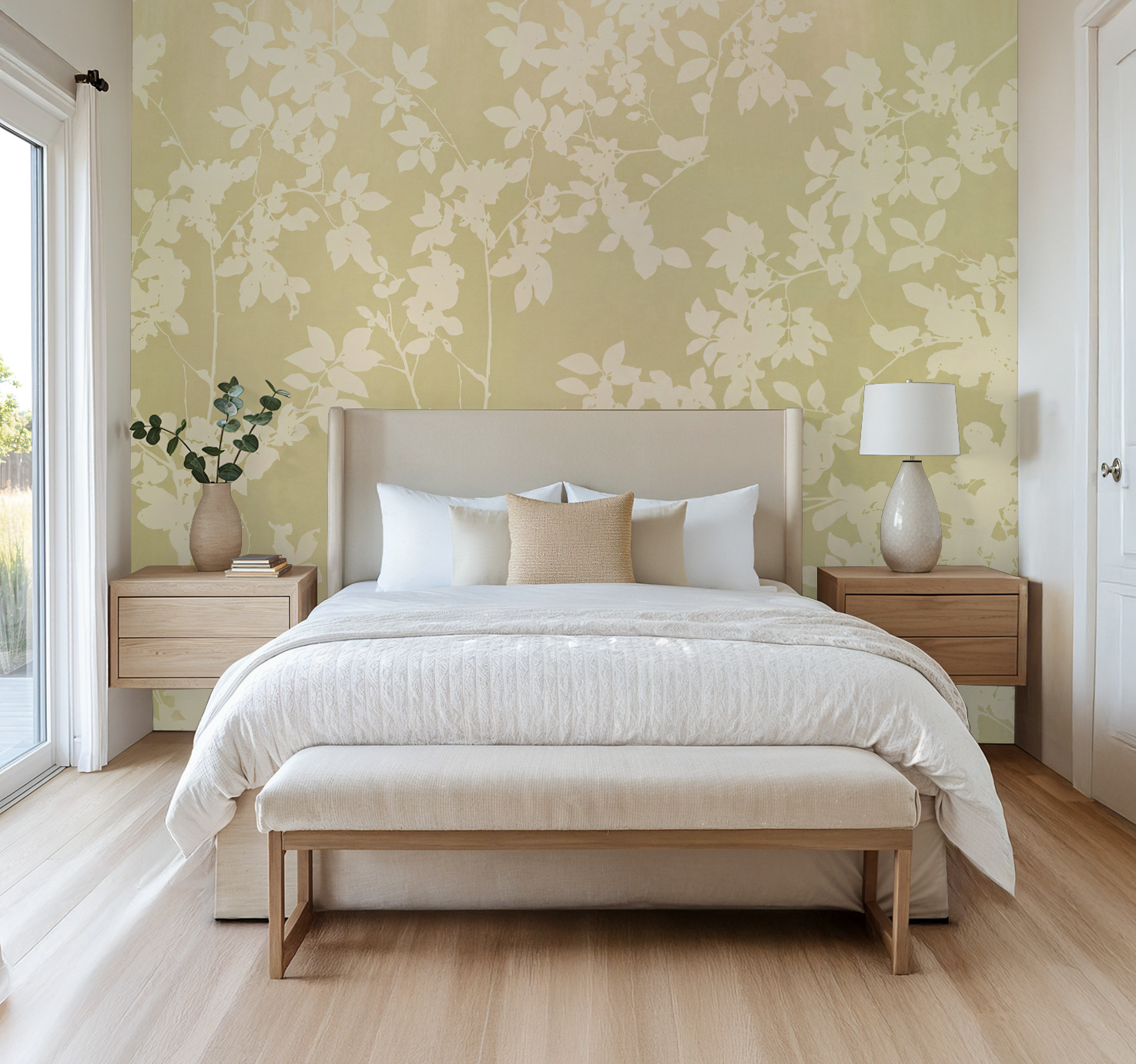 Elegant bedroom with soft gold floral wallpaper, neutral bedding, and wooden furniture.