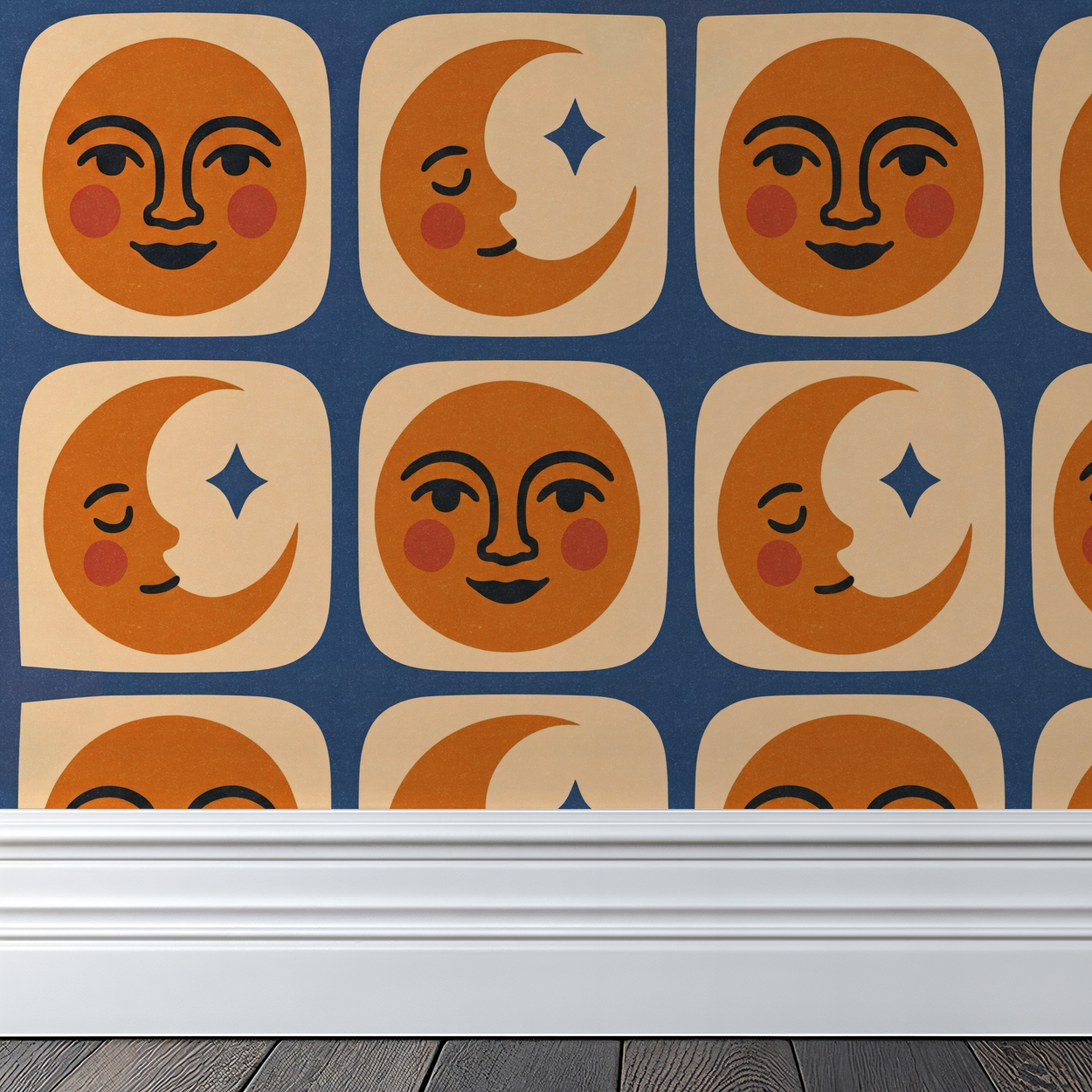 Whimsical terracotta sun and cream moon faces on indigo wallpaper.