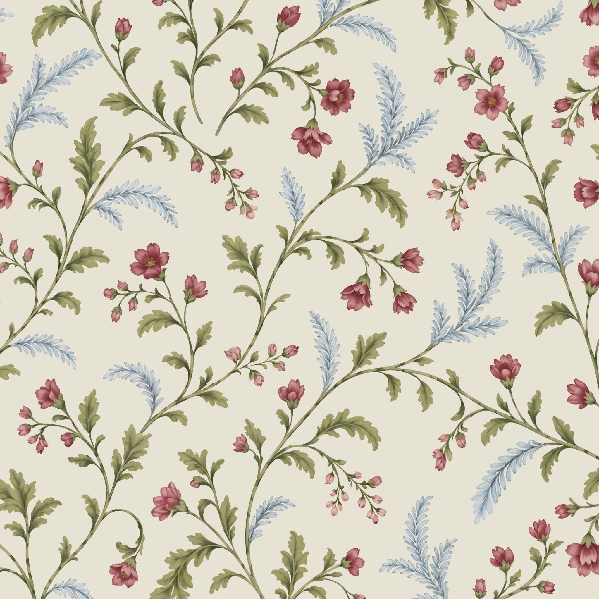 Floral wallpaper with cream background, pink flowers, green and blue leaves.