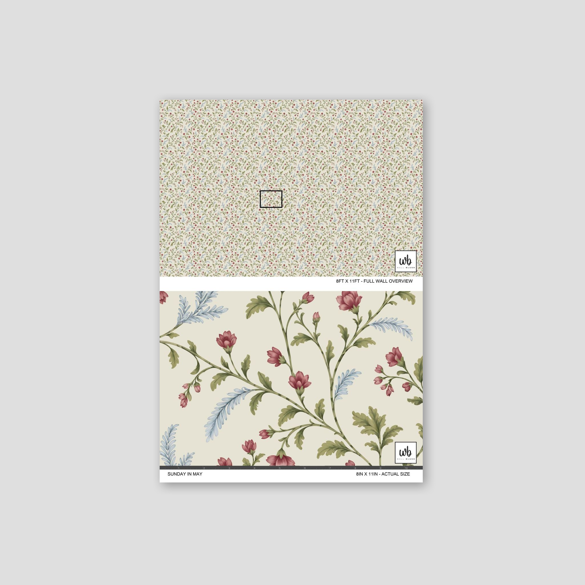 Floral wallpaper sample with pink blossoms and green leaves on cream background.
