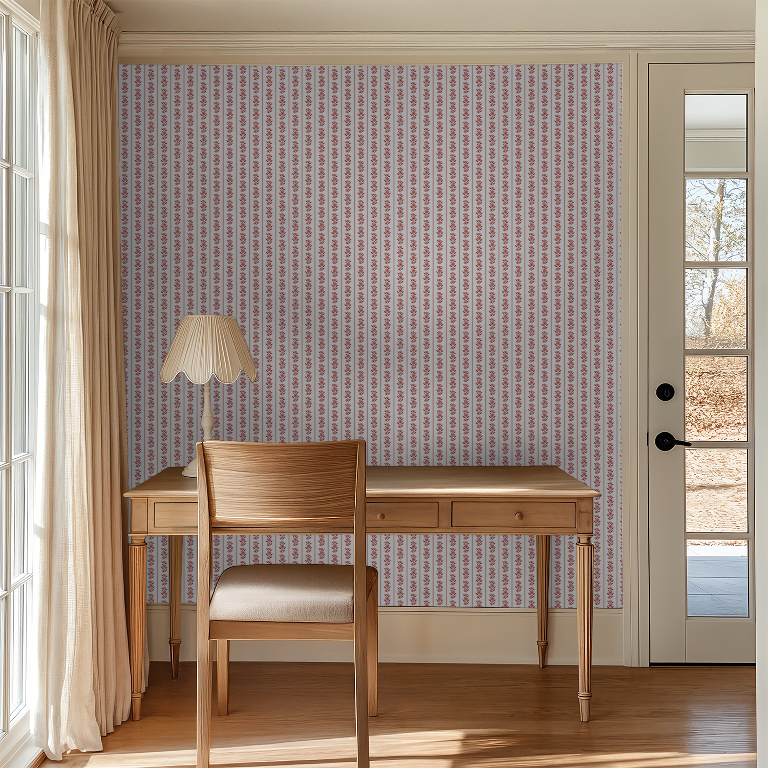 Sweet Josie Stripe wallpaper with floral pattern in cozy room with desk and chair.