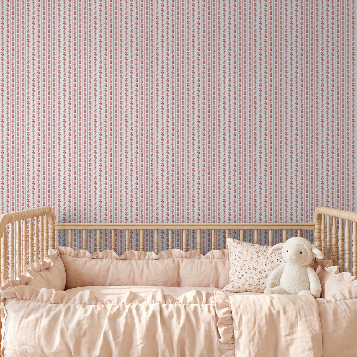 Sweet Josie Stripe wallpaper with pink florals and stripes in a nursery setting.