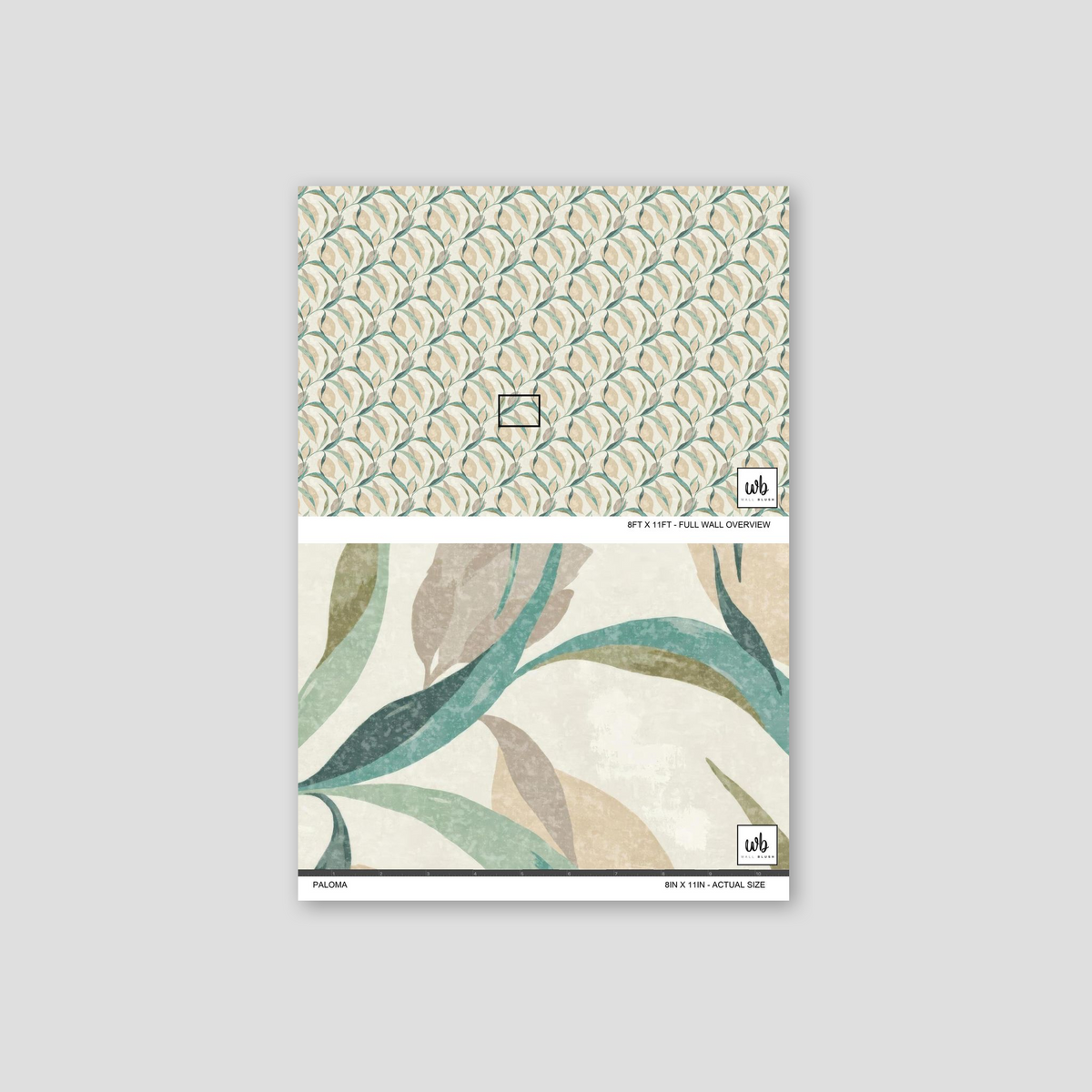 Teal and beige leaf pattern wallpaper sample with abstract botanical design.