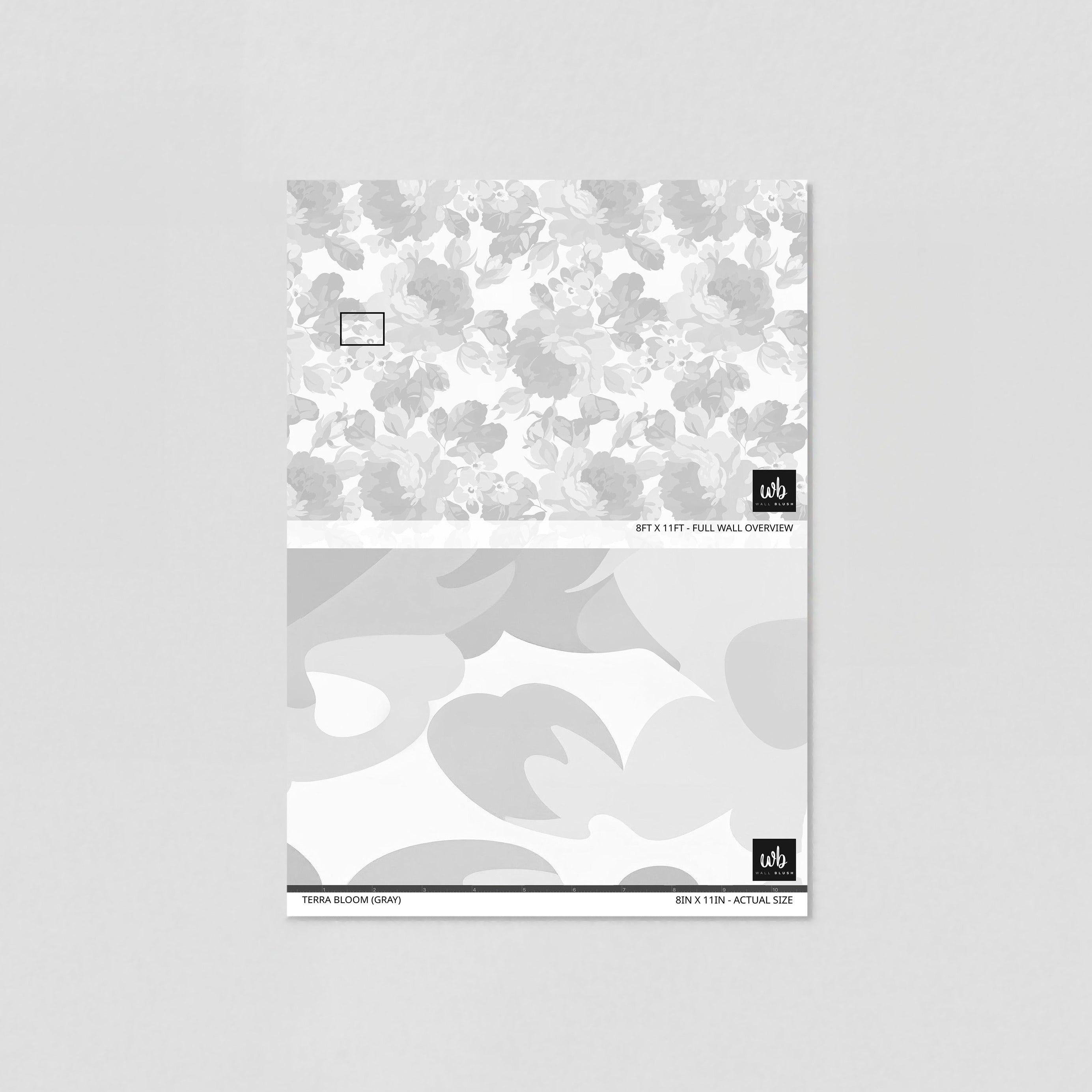 Alt text: "Wall Blush's Terra Bloom (Gray) Wallpaper sample showcased, perfect for modern living room decor focus."