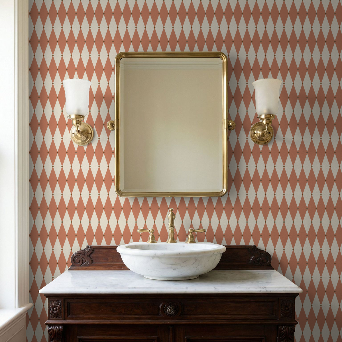 Terracotta argyle diamond wallpaper in bathroom with mirror and sconces.