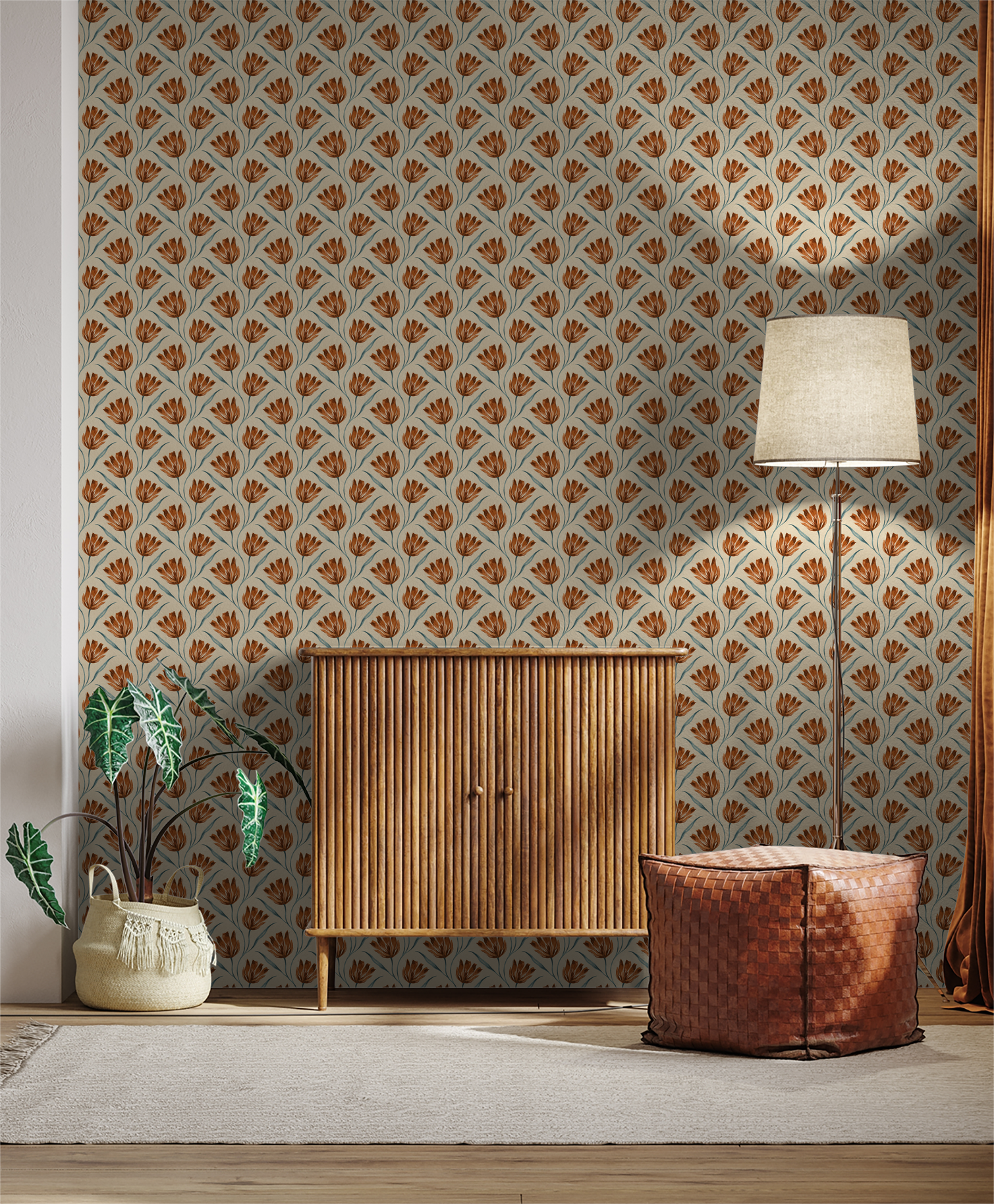 Terracotta floral wallpaper in cozy living room with wooden cabinet and lamp.