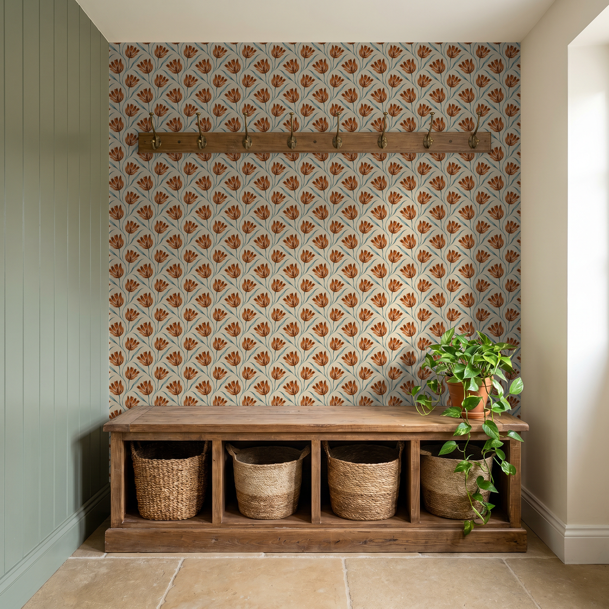 Terracotta floral wallpaper in rustic entryway with wooden bench and baskets