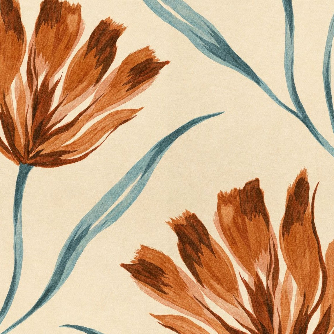 Terracotta floral wallpaper with teal leaves on cream background