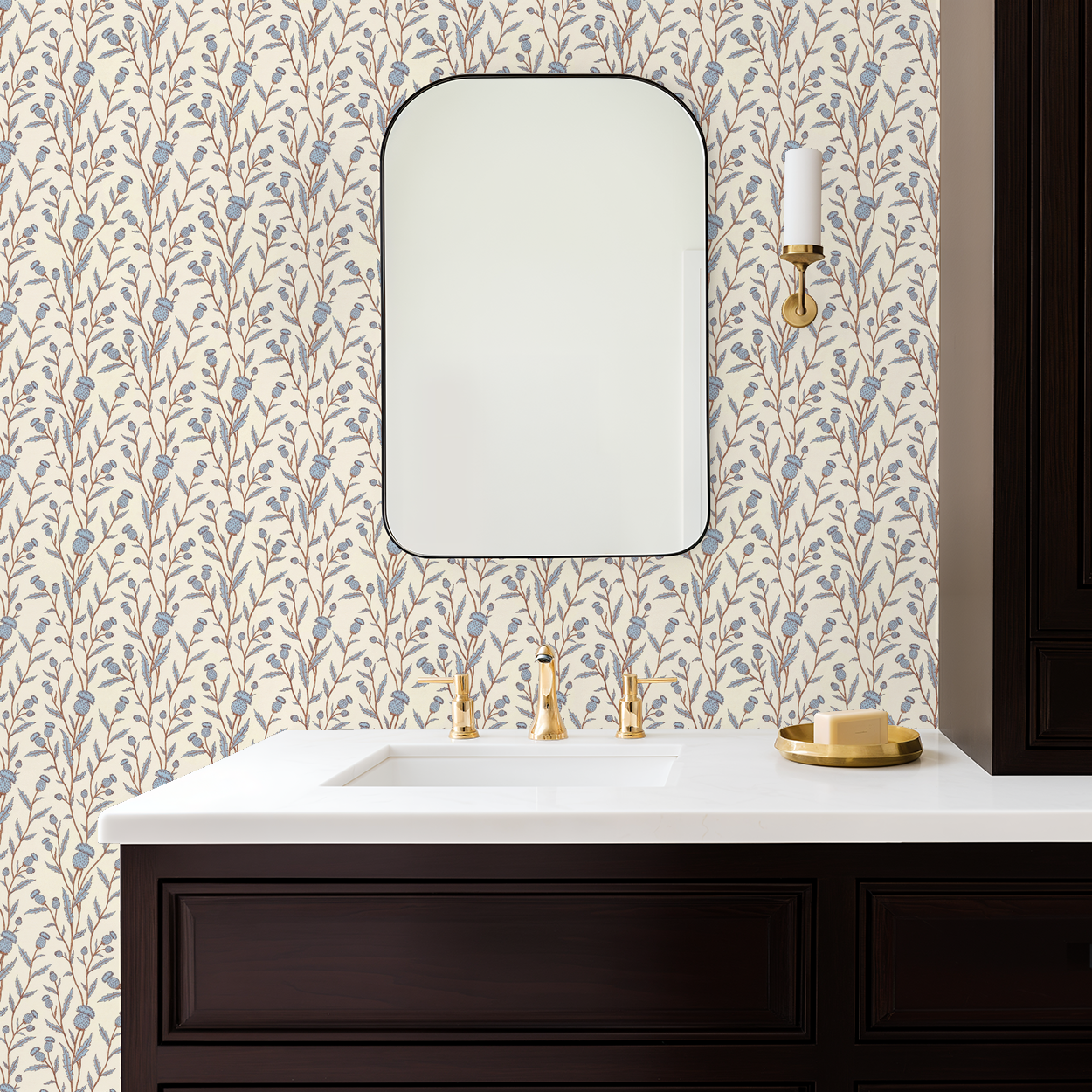 Thistle & Thread wallpaper with blue and brown floral pattern in elegant bathroom setting.