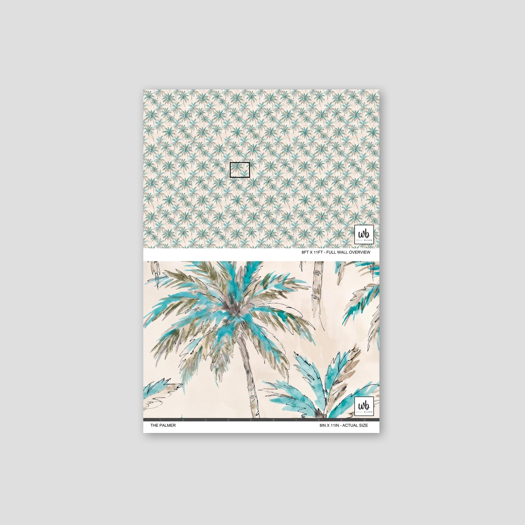 Tropical palm tree wallpaper in turquoise and earthy browns on cream background
