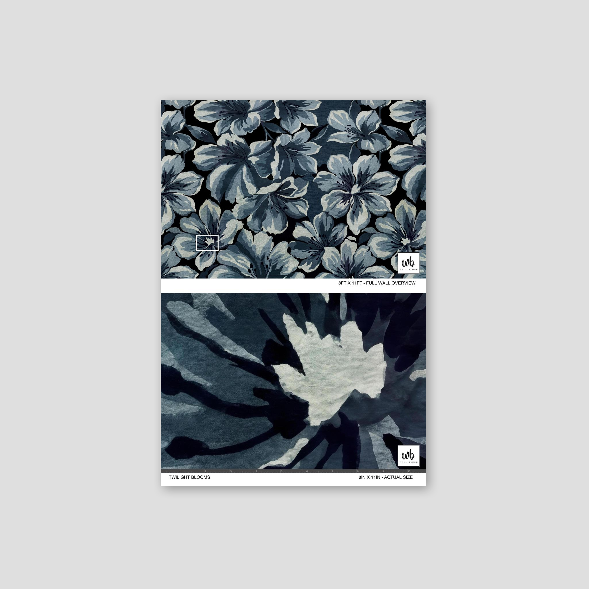 Twilight Blooms wallpaper with oversized soft blue floral pattern on dark background.