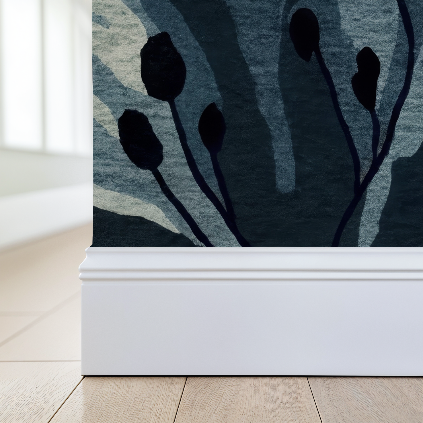 Twilight Blooms wallpaper with dark oversized floral pattern in modern room setting.