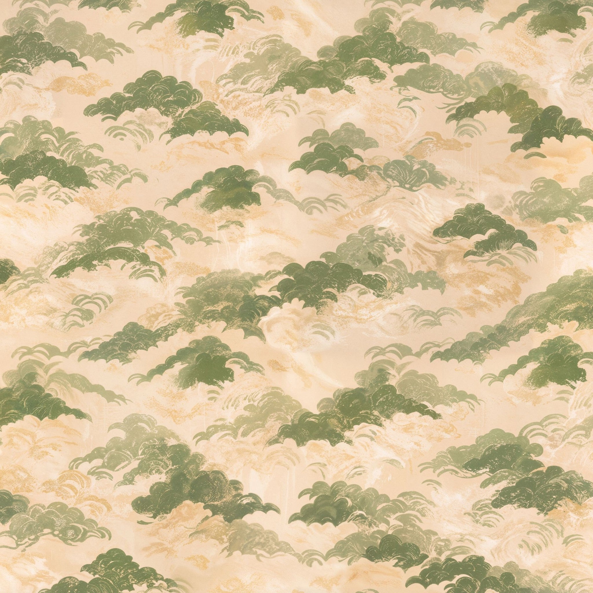 Unkai wallpaper with green and cream cloud pattern, serene and elegant design.