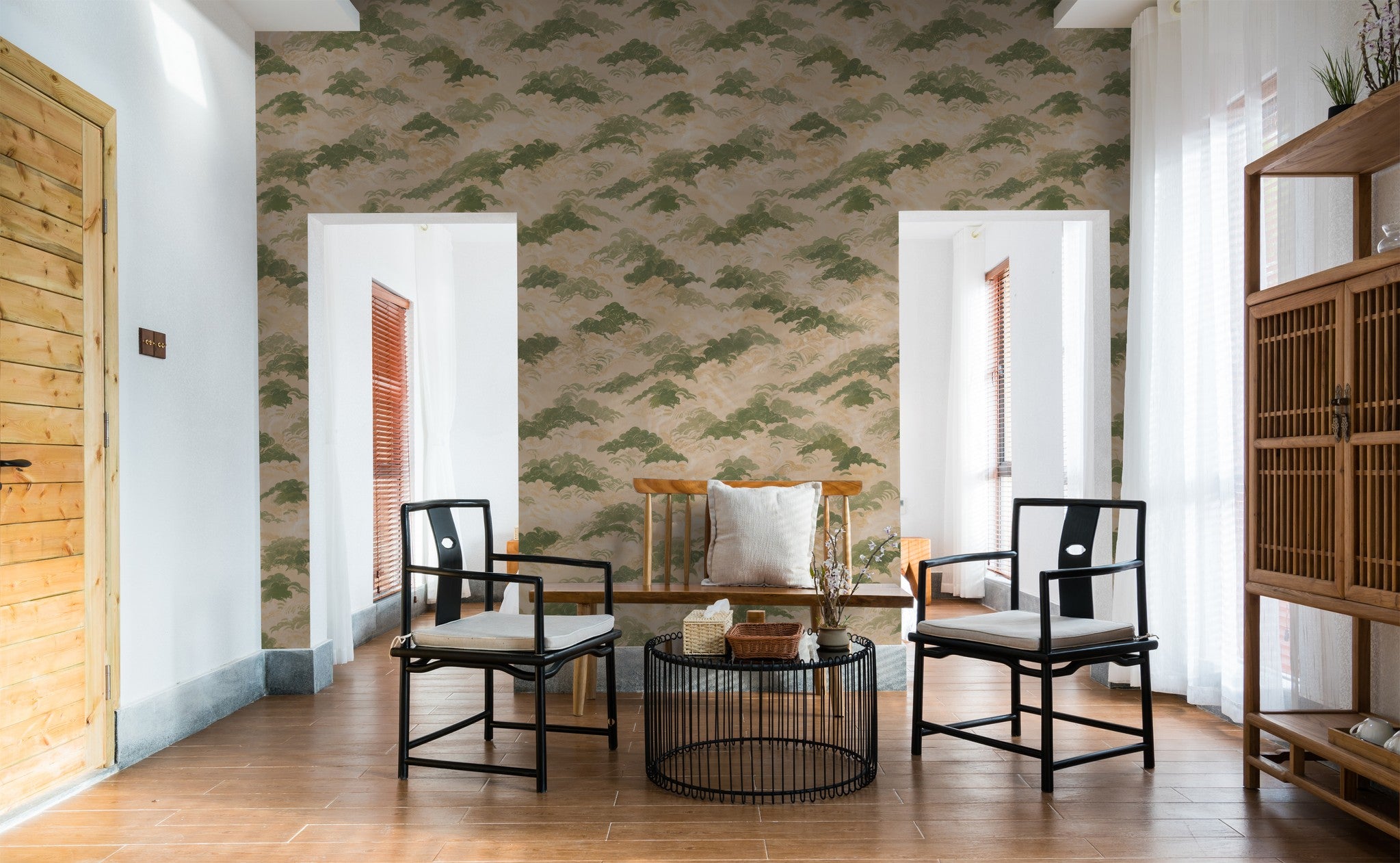 Unkai wallpaper with green and cream cloud pattern in serene living room