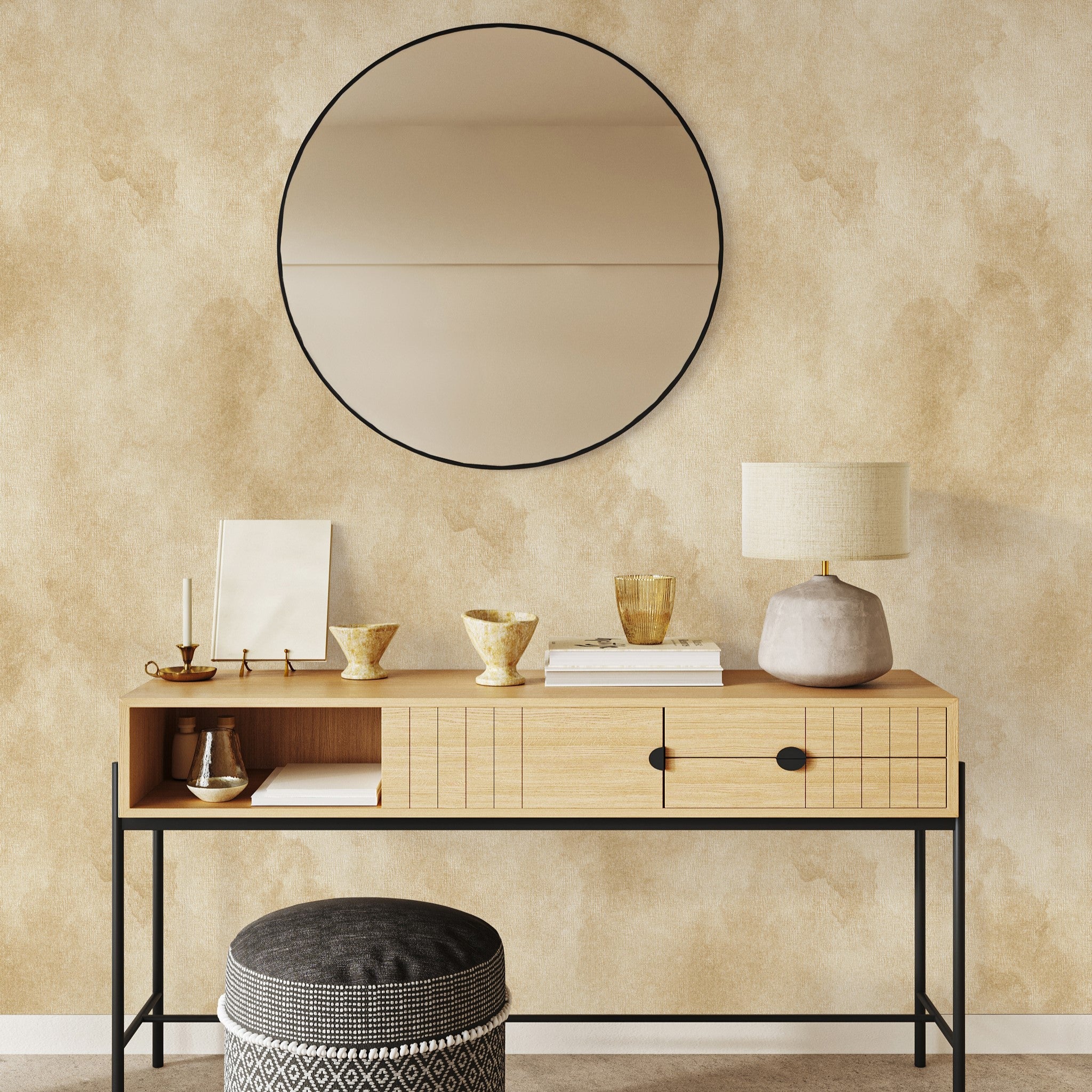 "Wall Blush Champagne Wallpaper in a modern home office with stylish decor focusing on the elegant wall design."