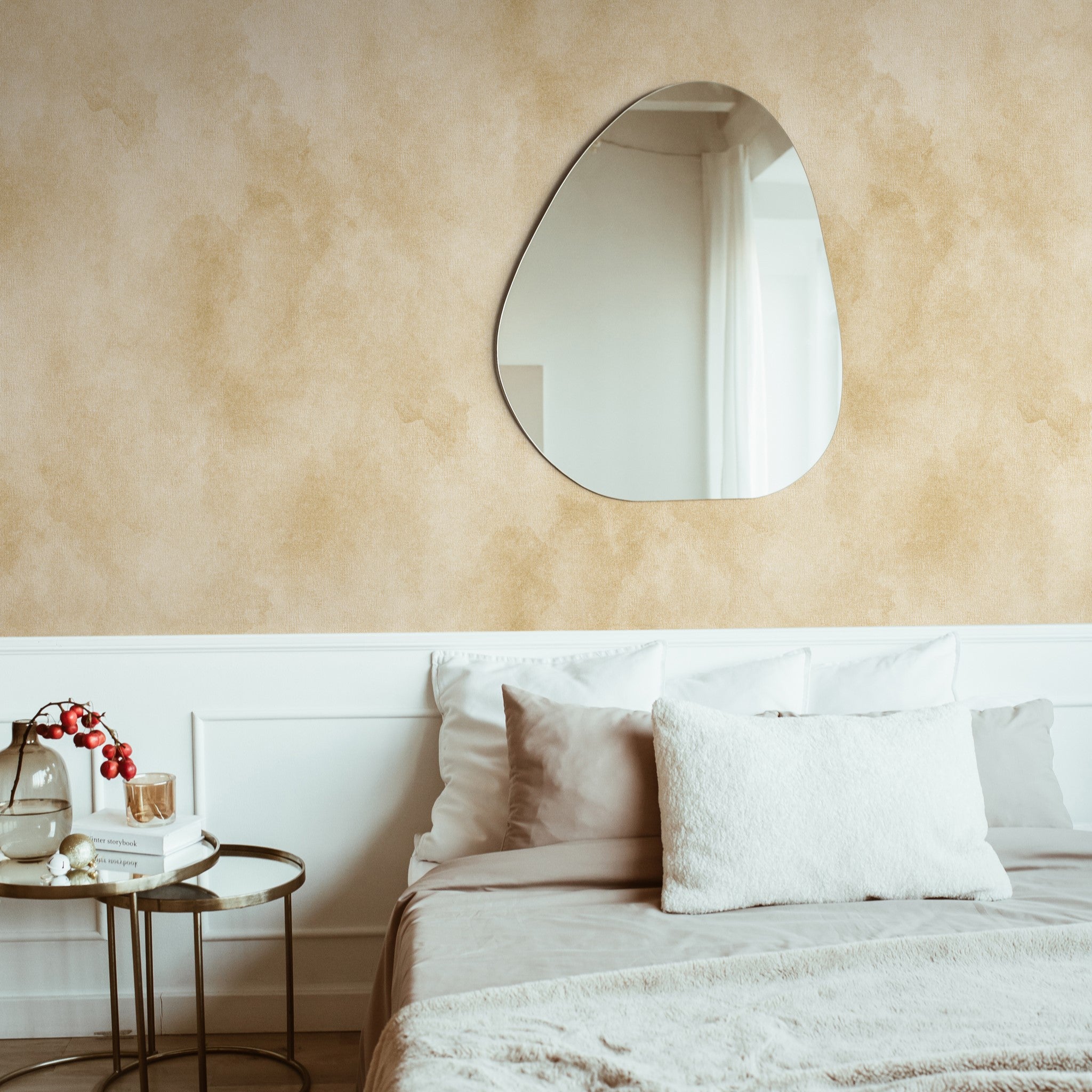 "Champagne Wallpaper by Wall Blush in elegant bedroom setting, enhancing the sophisticated and serene decor."