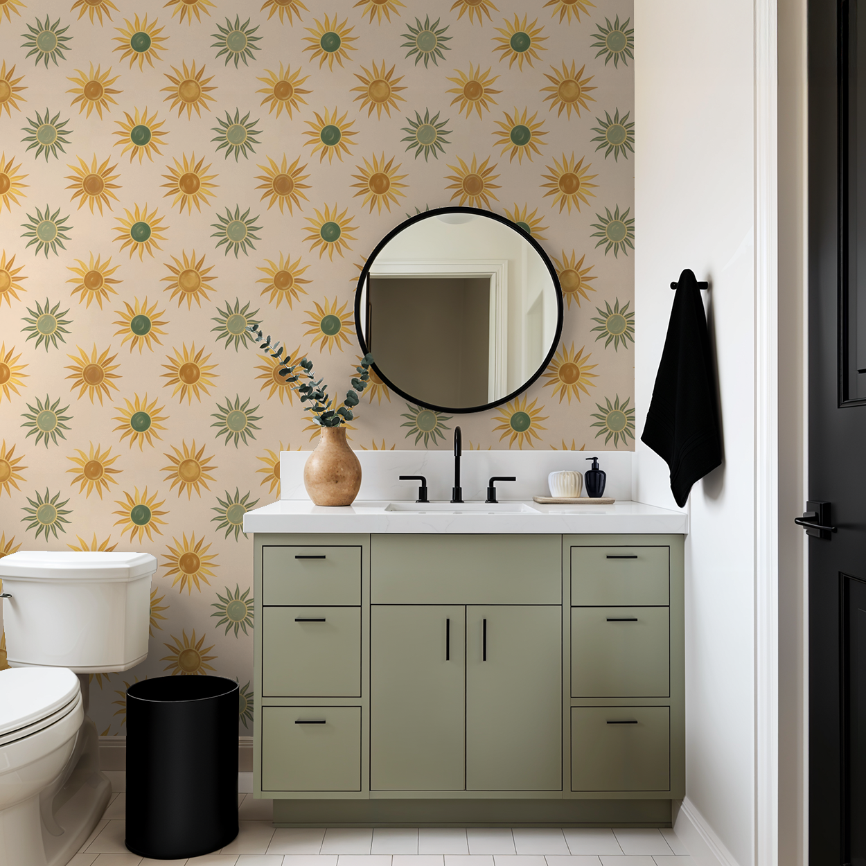 Bathroom with Verano wallpaper featuring golden yellow and green sun motifs on neutral background.