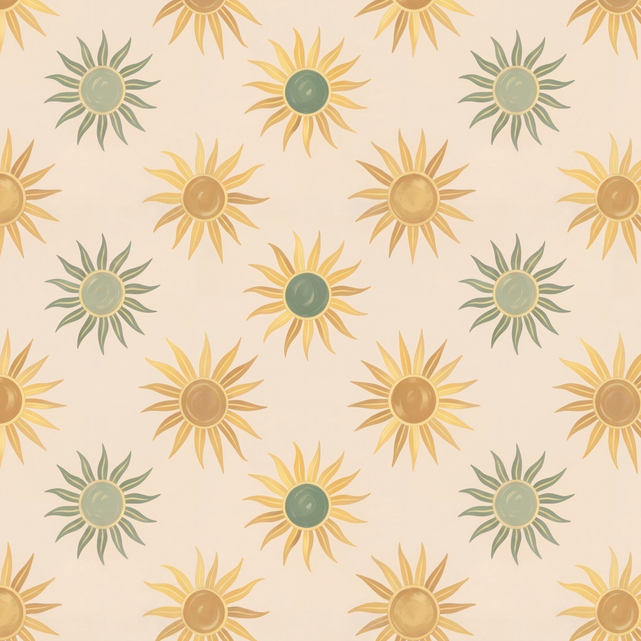 Verano wallpaper with stylized sun motifs in golden yellow and earthy green on a neutral background.