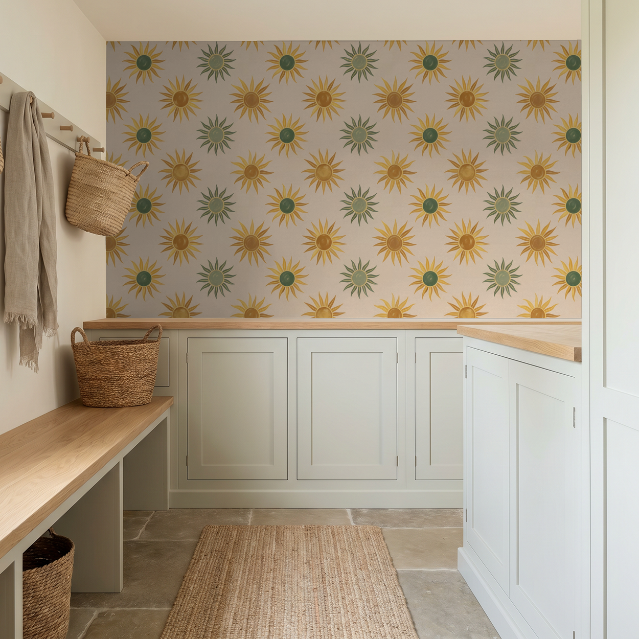Verano wallpaper with stylized sun motifs in yellow and green in a bright mudroom.