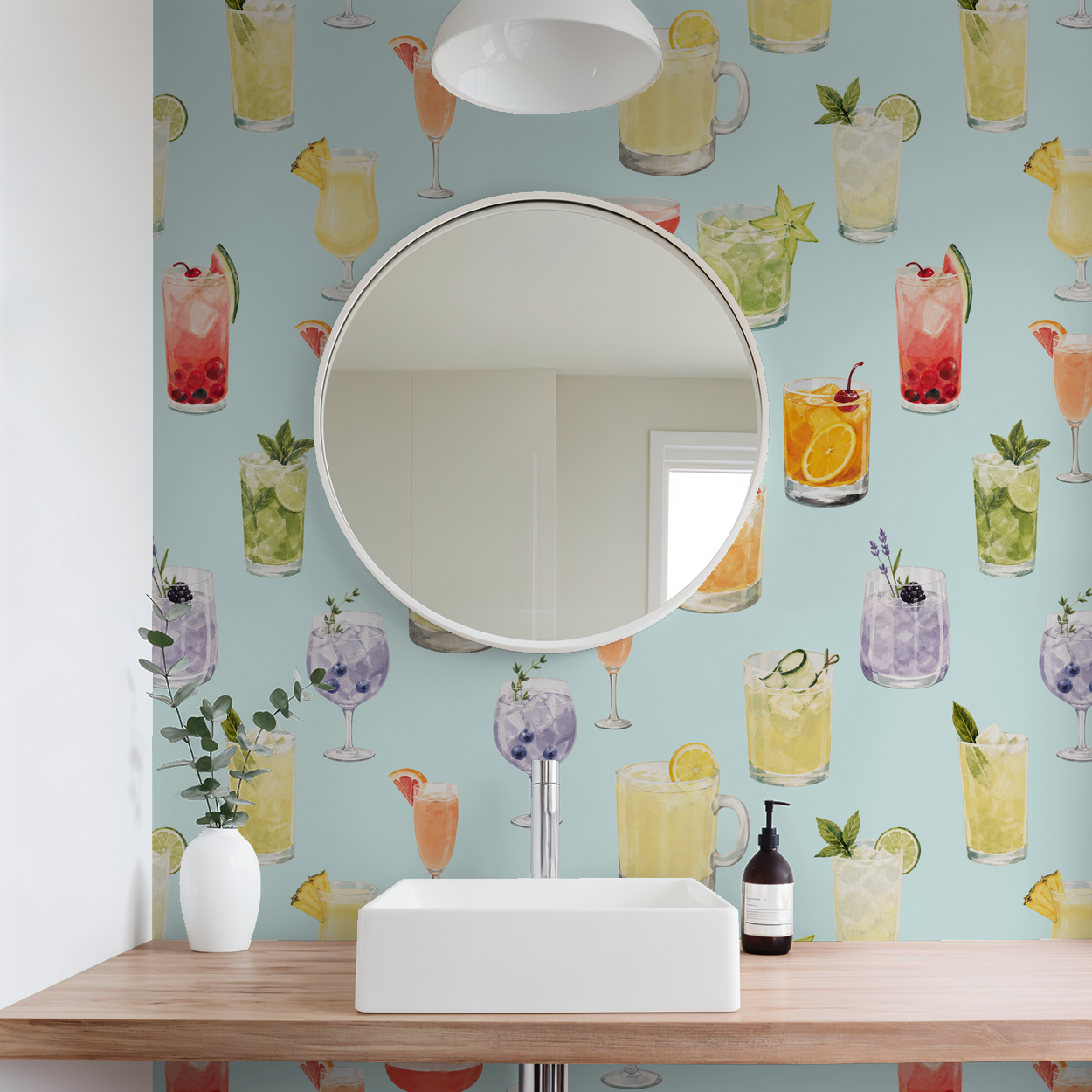 Vibrant cocktail wallpaper with aqua background in modern bathroom setting.