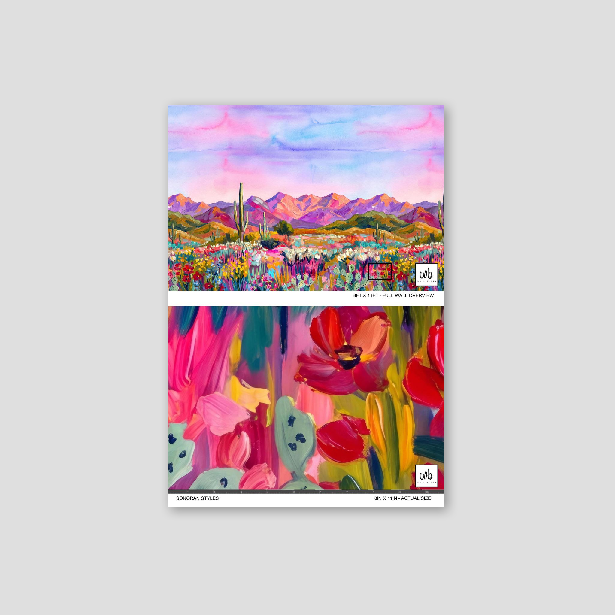 Vibrant desert landscape wallpaper with pink mountains and colorful wildflowers.