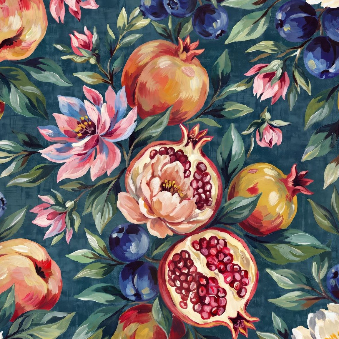 Vibrant floral and fruit wallpaper with pomegranates, blueberries on teal background.