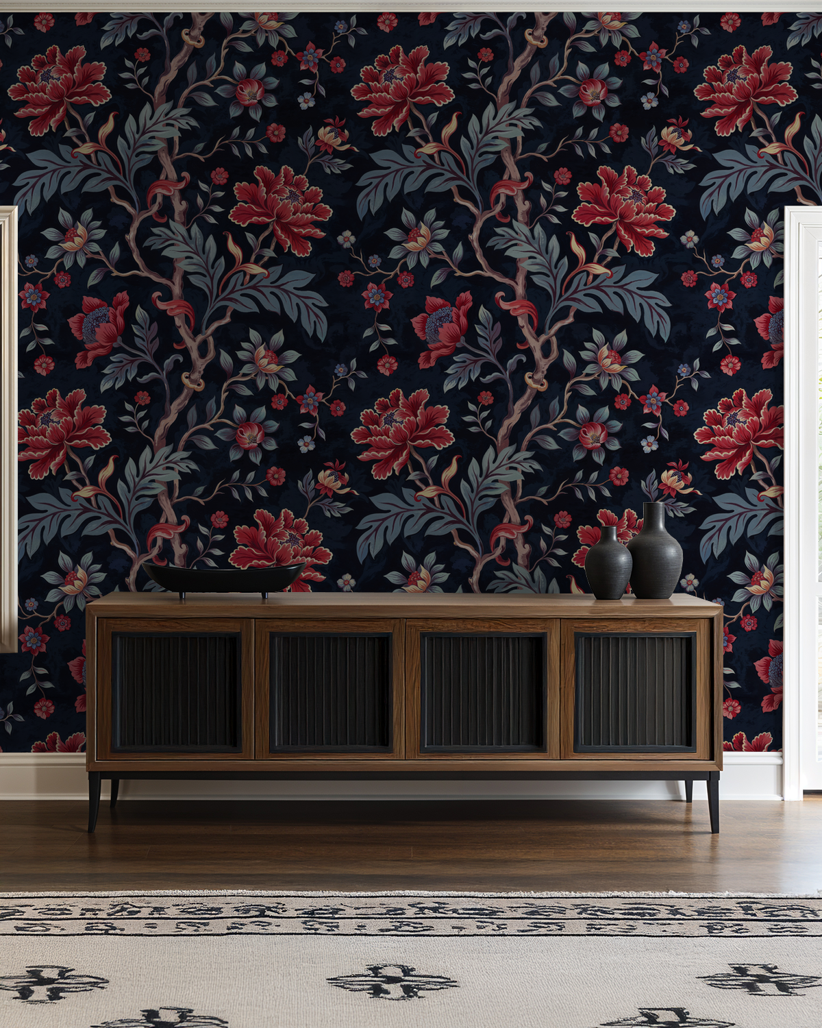 Victoria's Vine wallpaper with red floral pattern on midnight blue in elegant room.