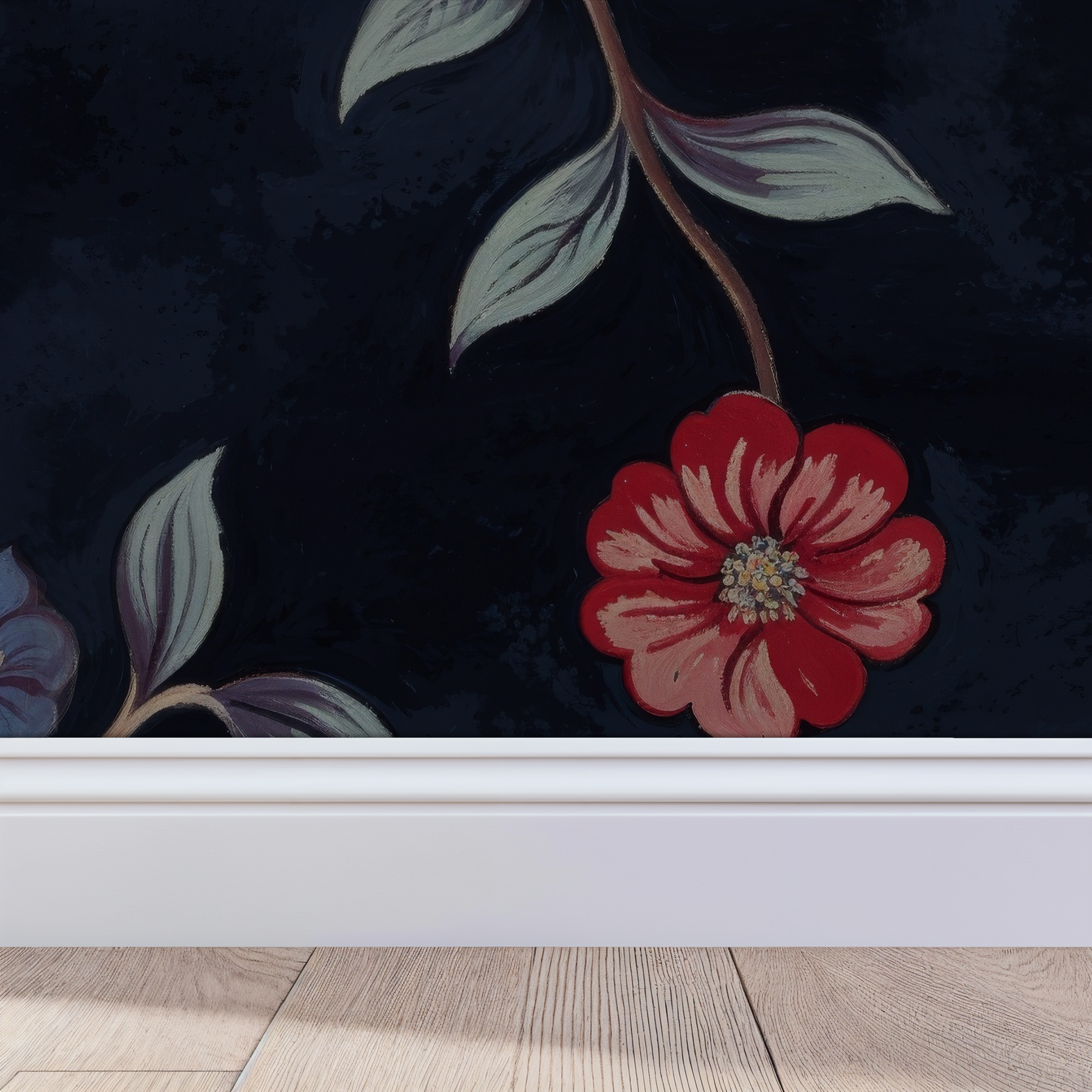 Victoria's Vine wallpaper with red floral motifs on midnight blue background