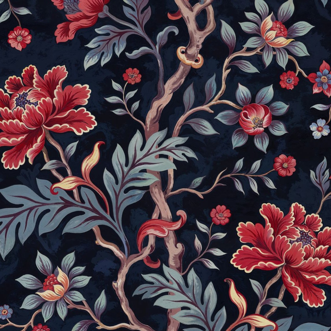 Victoria's Vine wallpaper with red floral motifs on midnight blue background.