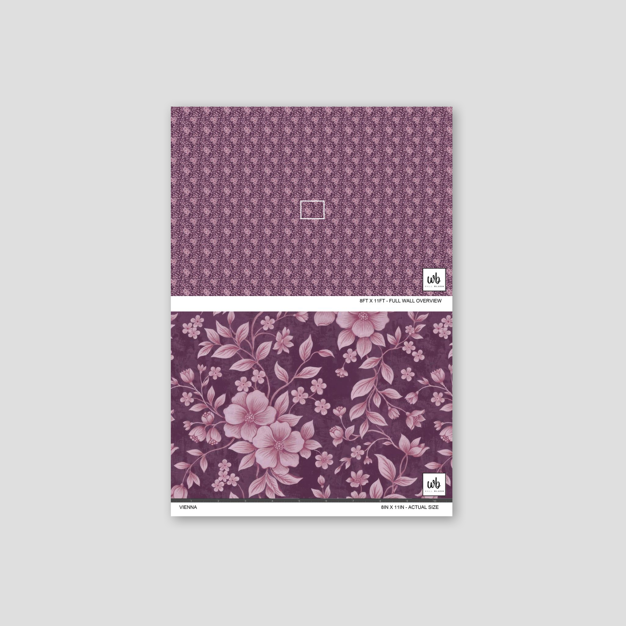 Vienna wallpaper with pink florals on deep purple background, sample view.