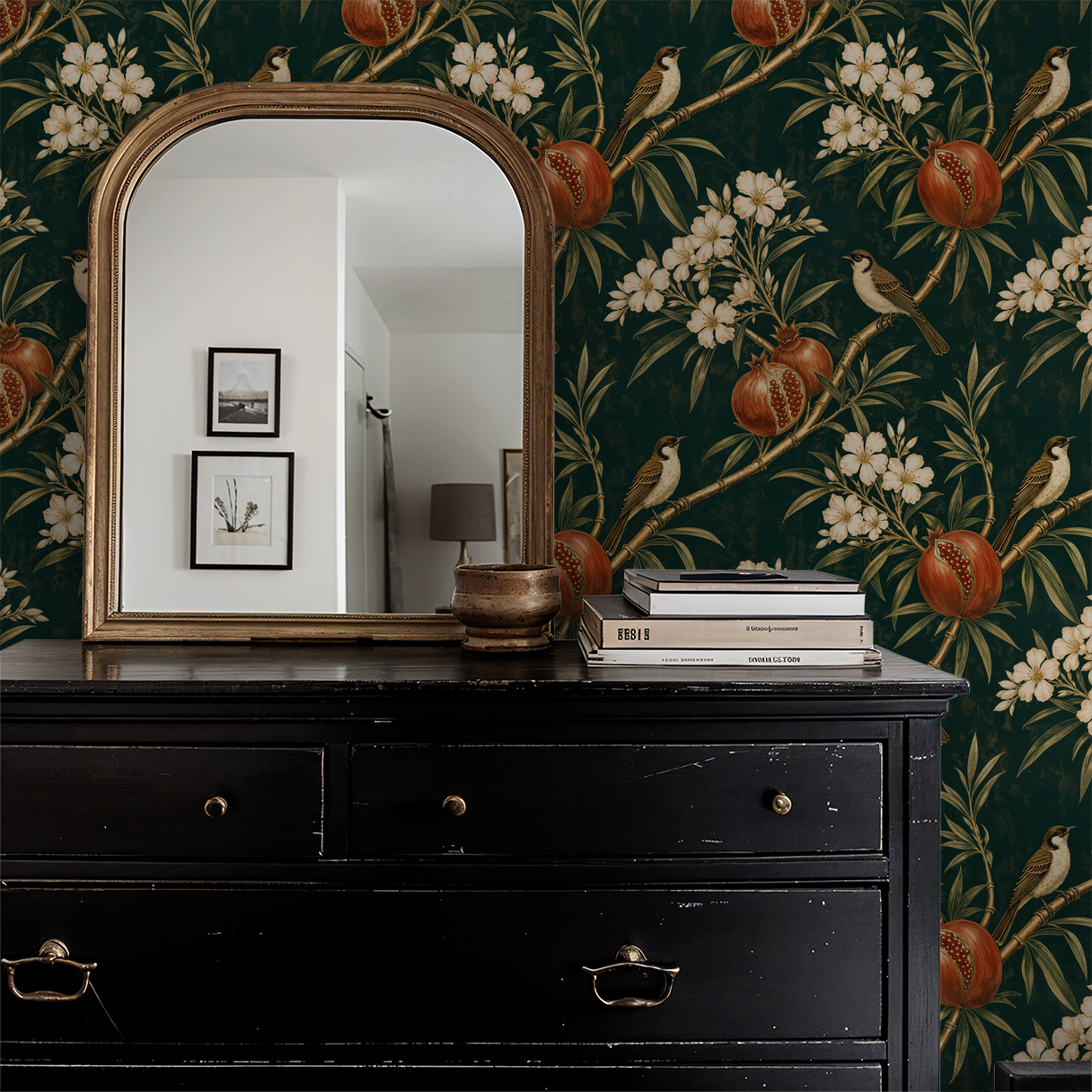 Vintage floral wallpaper with birds and pomegranates in a classic room setting.