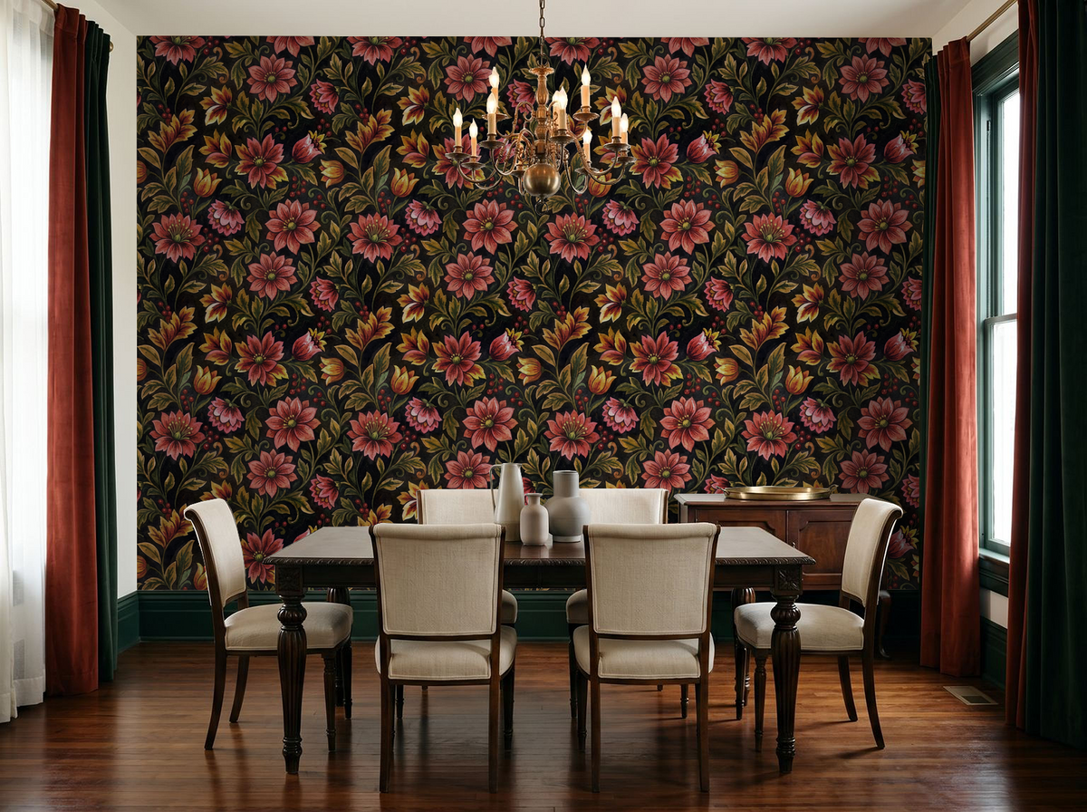 Vintage floral wallpaper with pink flowers in elegant dining room setting.