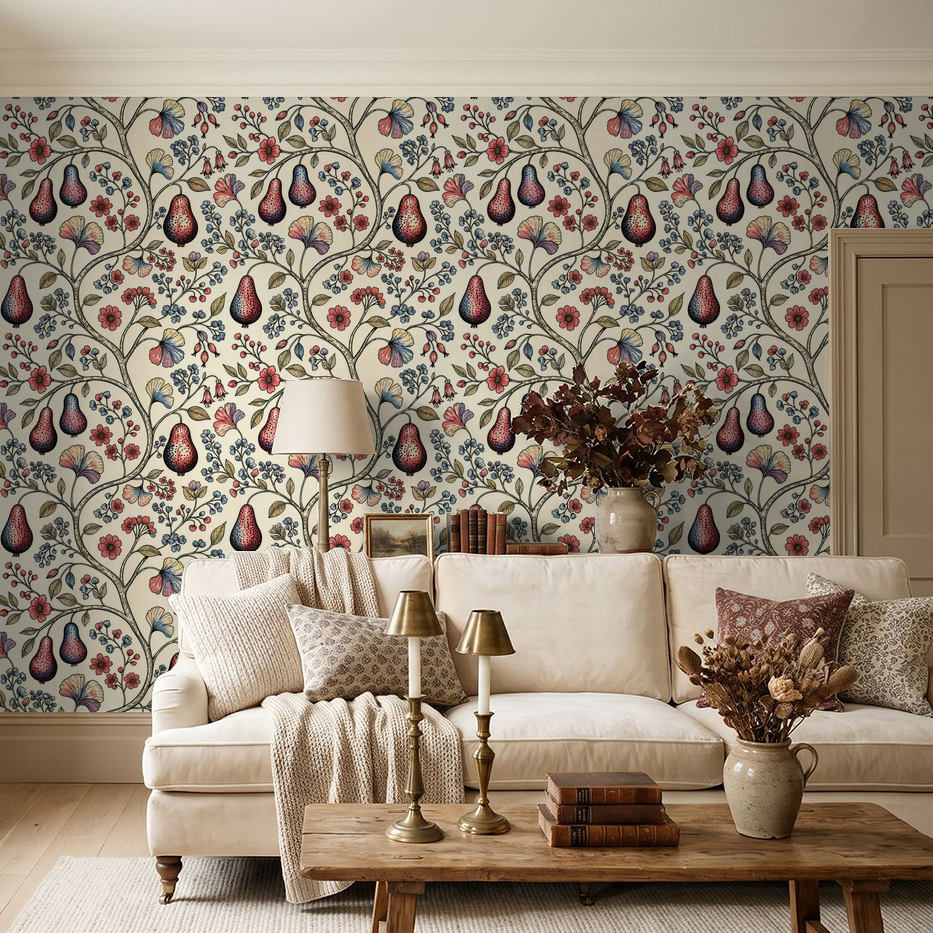 Vintage pear and floral wallpaper in cozy living room with beige sofa and wooden decor.