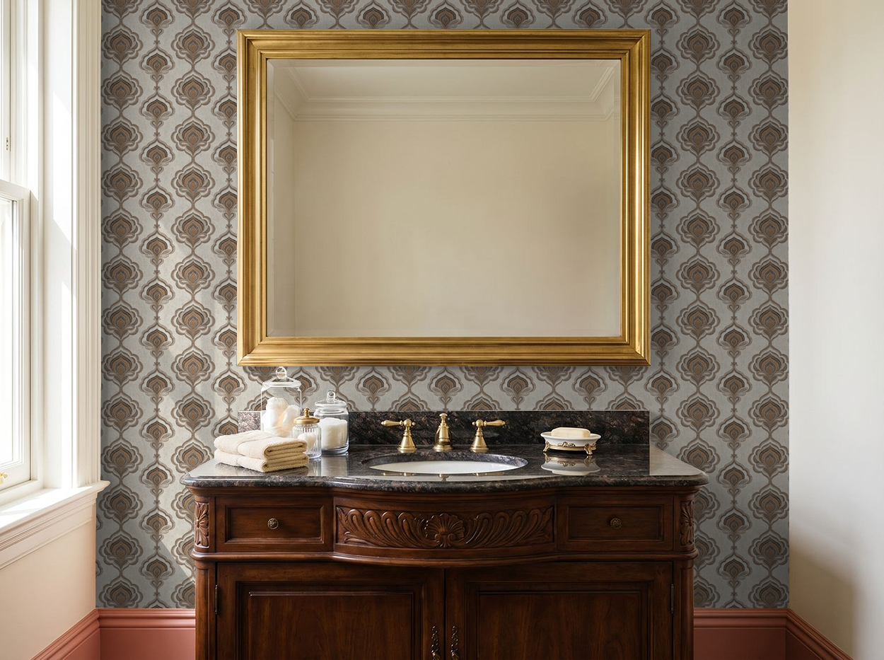 Elegant Voss wallpaper with ornate motifs in taupe and charcoal in a classic bathroom.