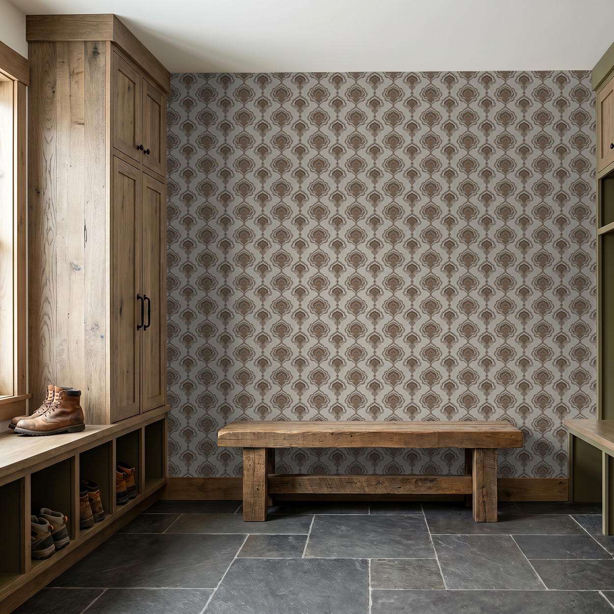 Voss wallpaper with taupe and charcoal ornate pattern in rustic mudroom.
