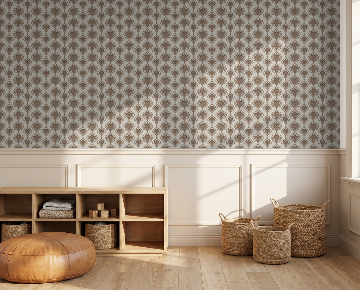 Elegant taupe and charcoal ornate wallpaper in a sunlit room with wicker baskets.