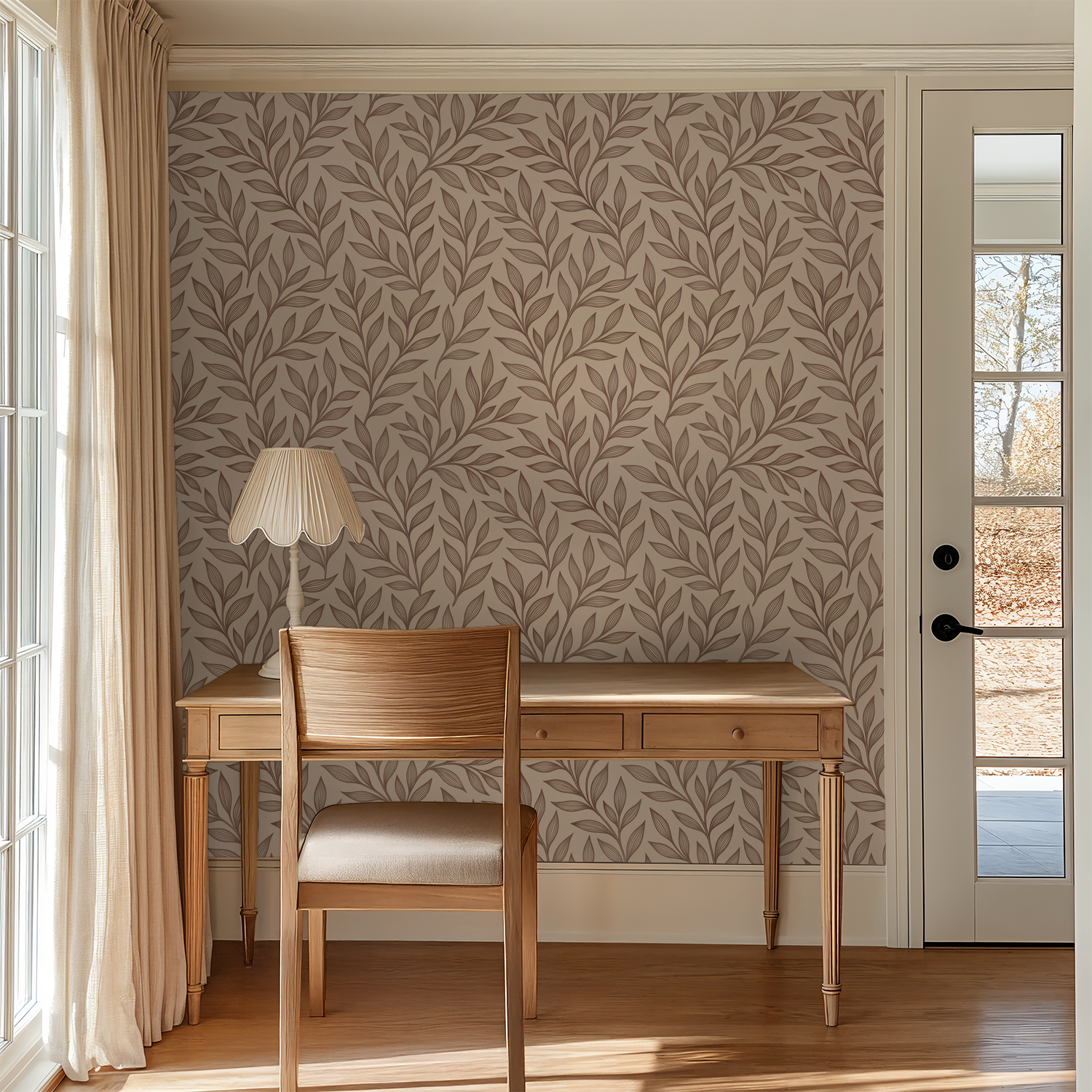 Warm brown vine pattern wallpaper in elegant home office setting.