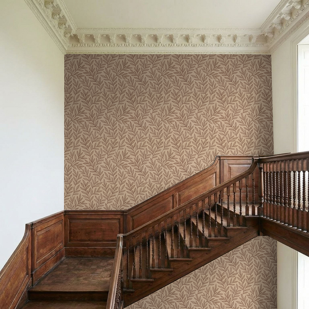Warm brown vine pattern wallpaper in elegant staircase setting.