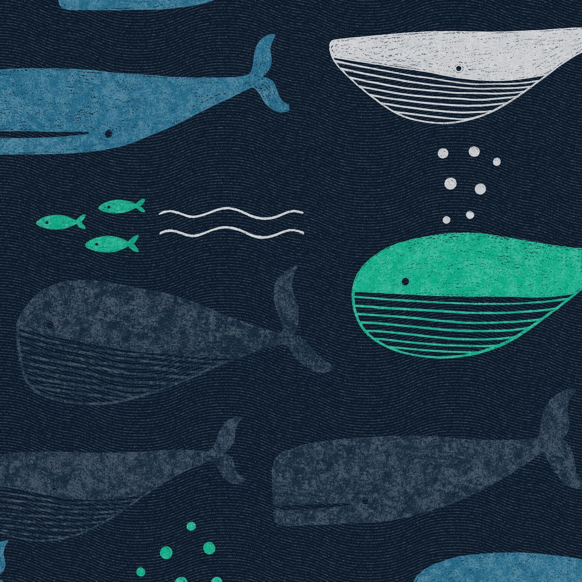 Navy wallpaper with teal and turquoise whales, playful marine pattern.