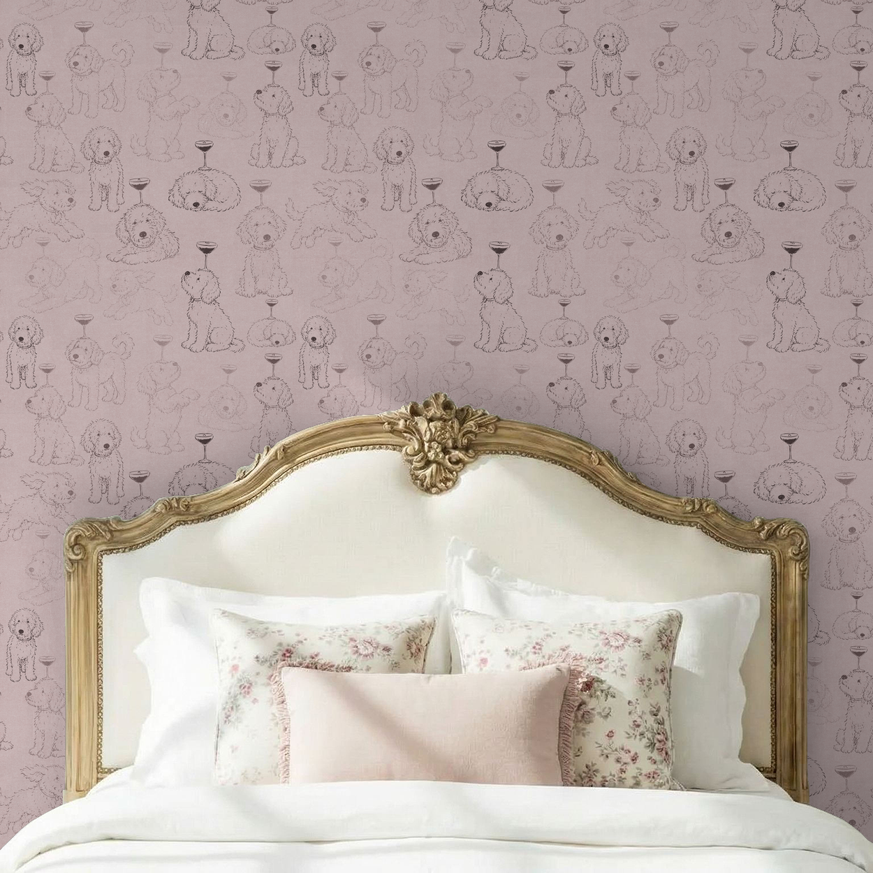 Whimsical dog wallpaper with coupe glasses on pink background in elegant bedroom.
