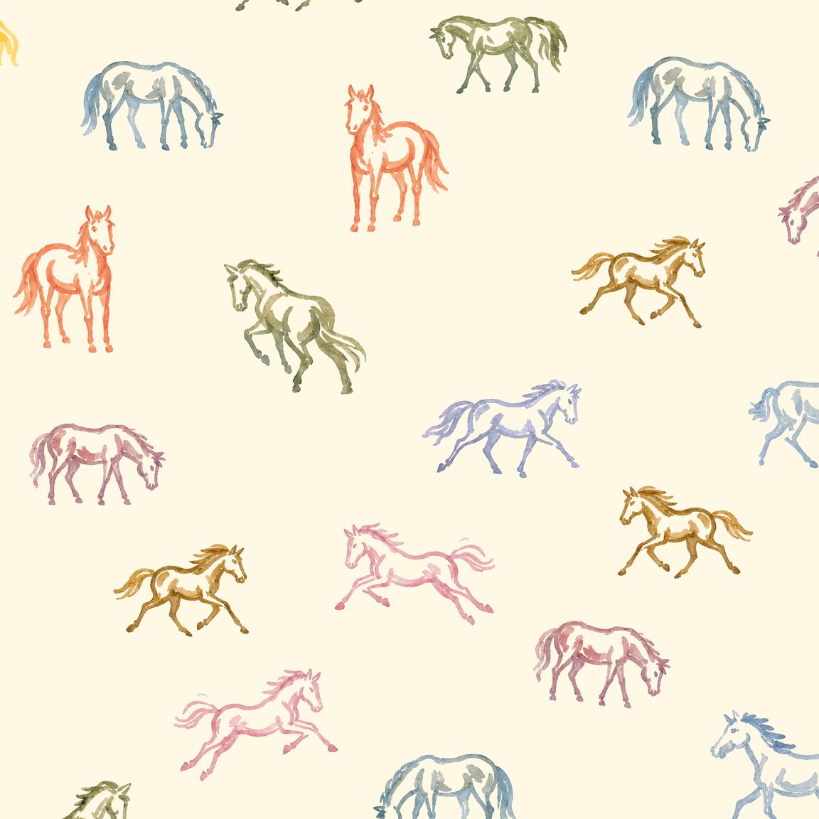 Whimsical pastel horses on creamy background wallpaper pattern.