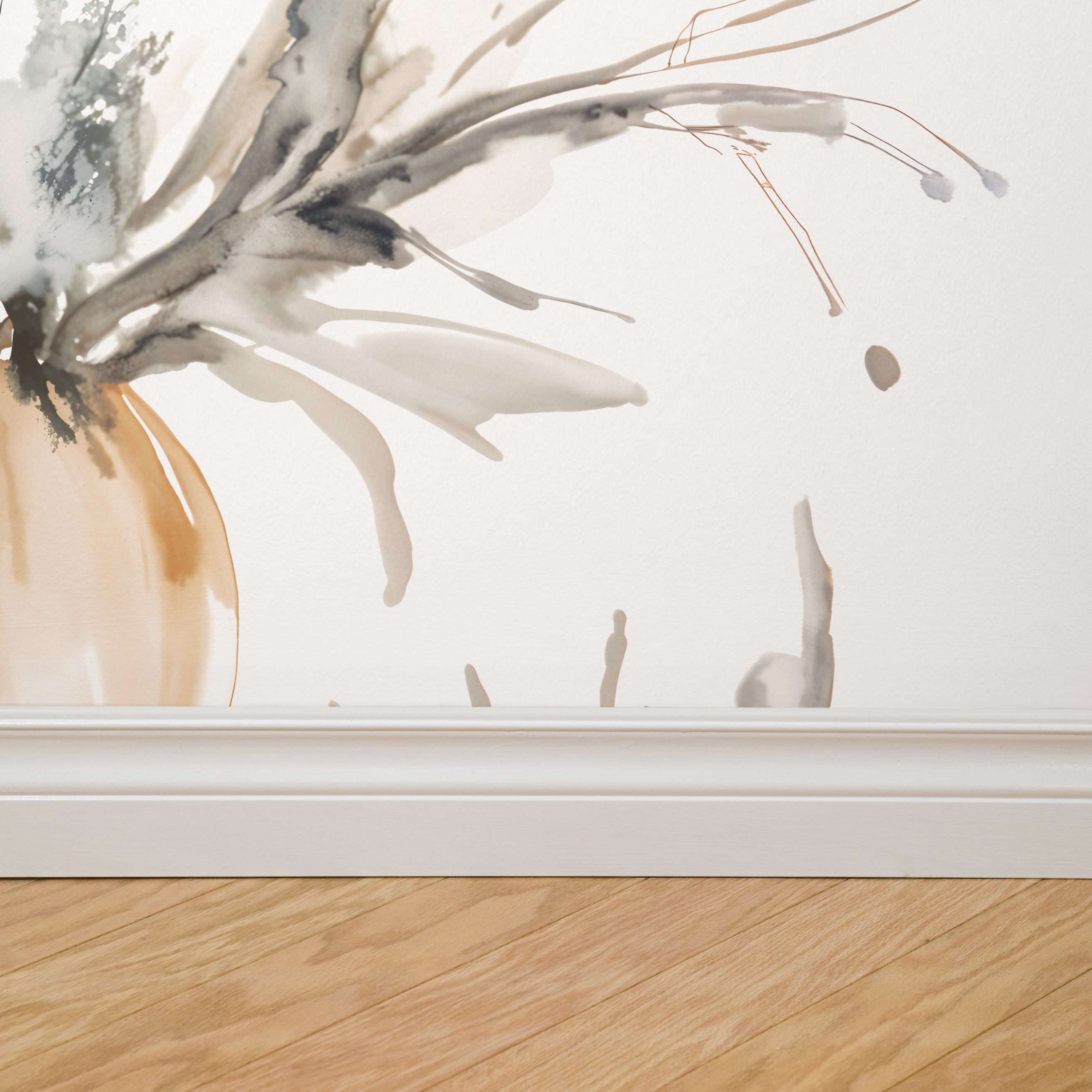 "Close-up of Wall Blush's Wildflower Dreams Wallpaper (White) in a modern living room, showcasing elegant design."