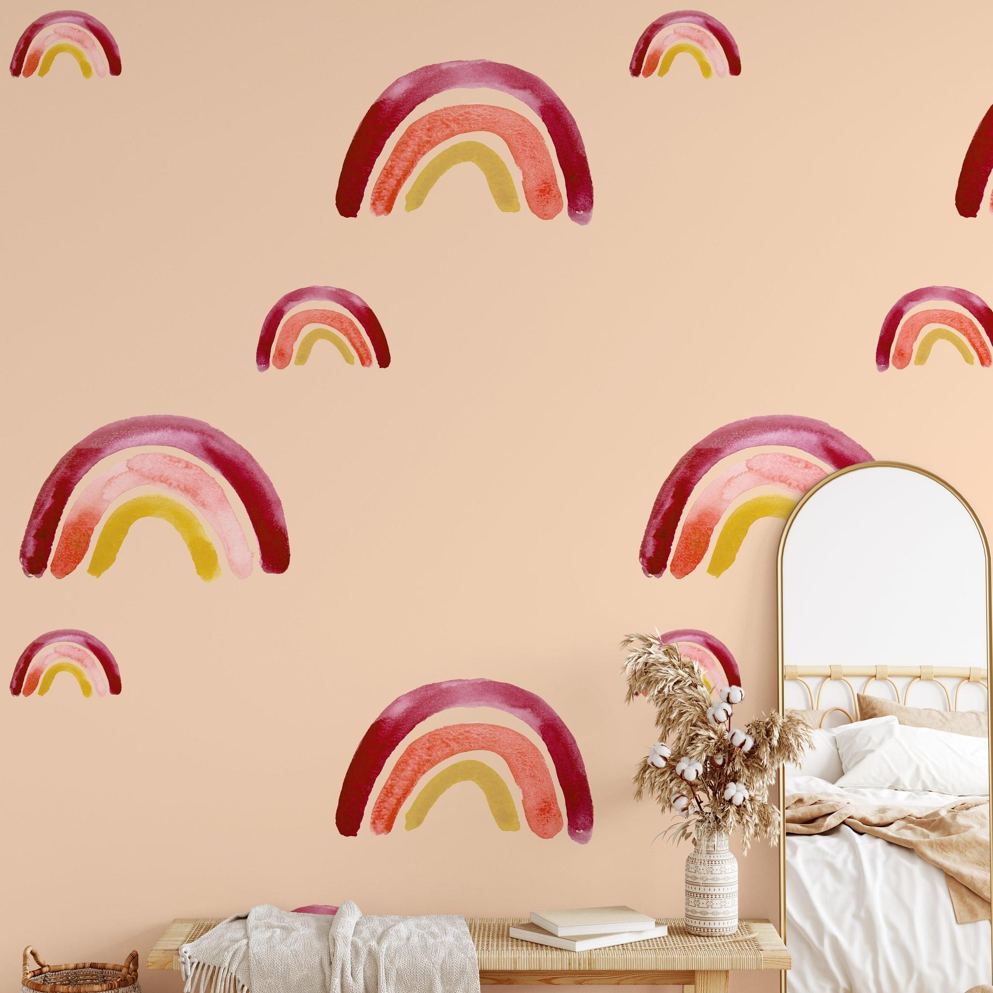 Follow Your Dreams Wallpaper by The Minty Line in cozy bedroom, peach-toned with rainbow design.