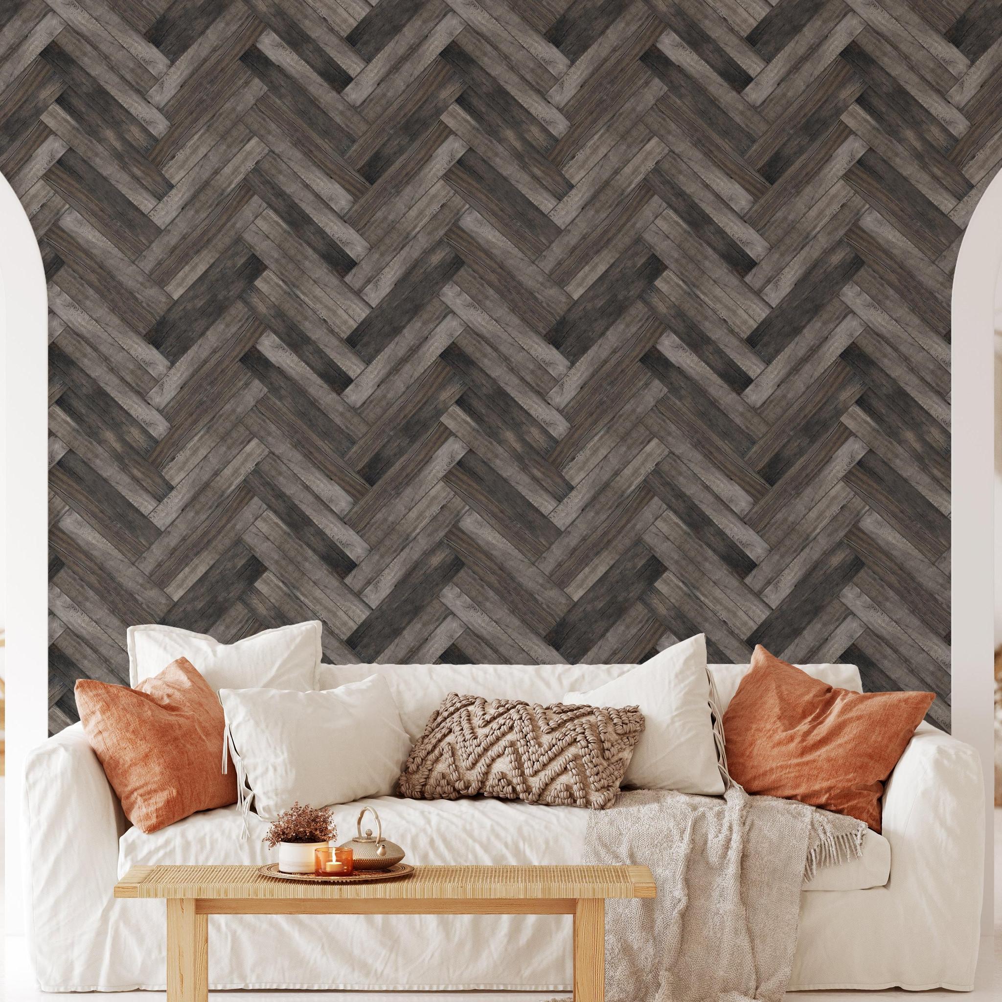 Elegant living room featuring Country Roads Wallpaper by The Tamra Judge Line with herringbone pattern focus.