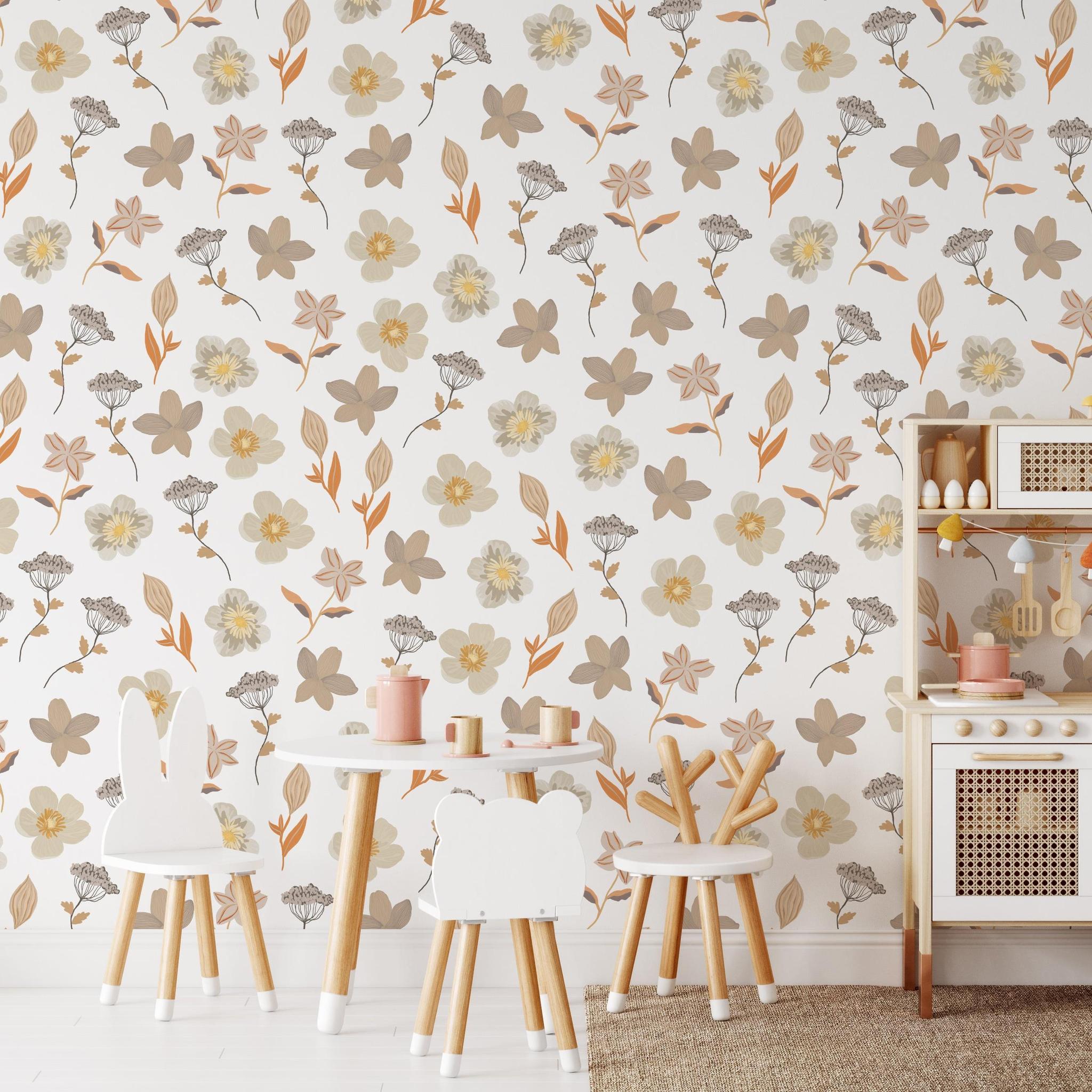 Aria Wallpaper by Wall Blush SG02 in a stylish children's room, showcasing a playful floral pattern as the focal point.