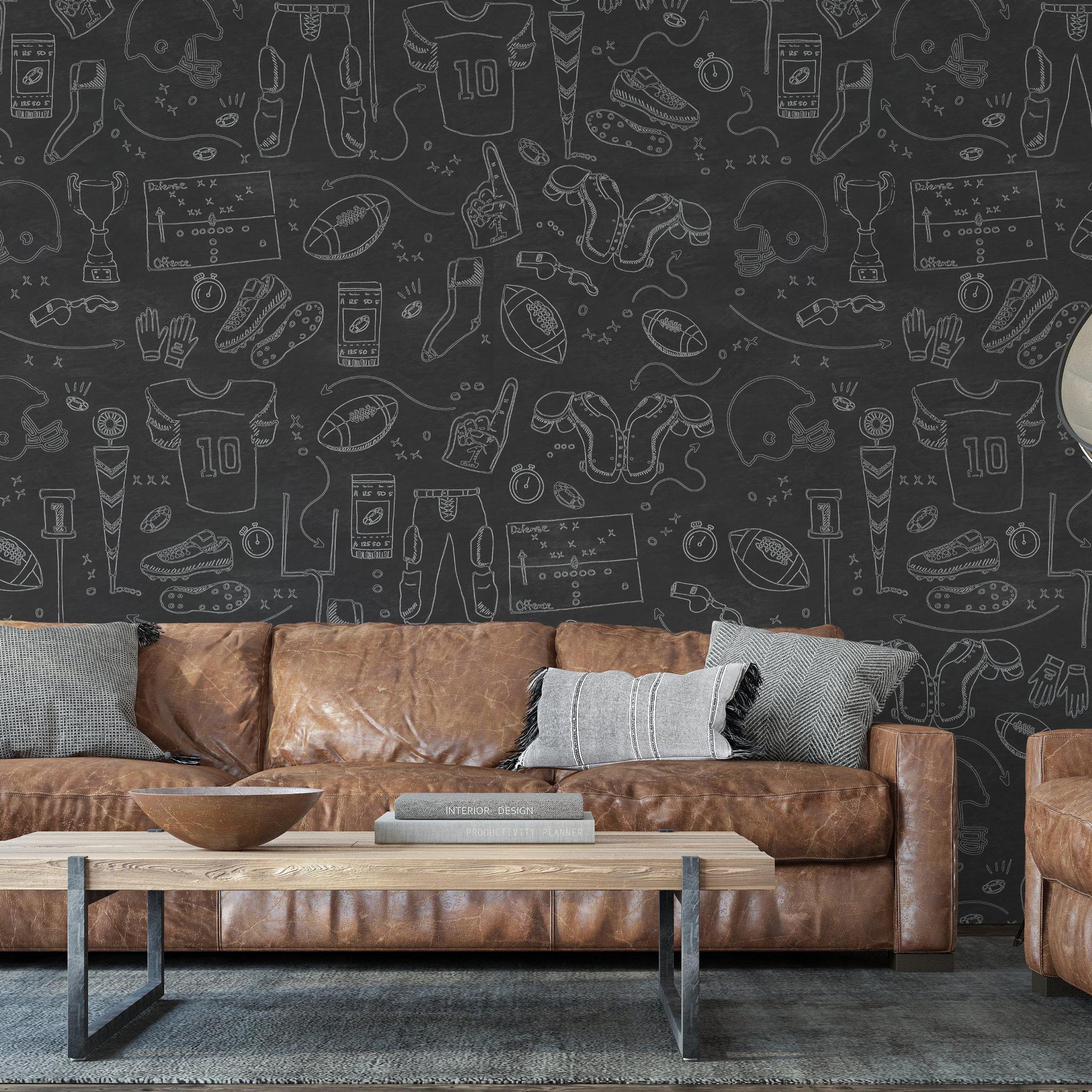 Modern living room featuring Blitz Wallpaper by Wall Blush SM01, with stylish charcoal sports-themed design.